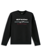 Alpinestars Bettern Crew, sweatshirt à col rond noir, logo Alpinestars blanc avec des bandes de course grises, texte 'Racing Ahead' rouge, style streetwear motorsport décontracté