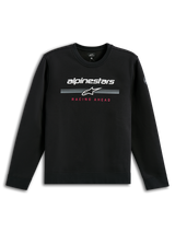 Alpinestars Bettern Crew, zwarte sweatshirt met ronde hals, wit Alpinestars woordmerk met grijze racestrepen, rode 'Racing Ahead' tekst, casual motorsport streetwear