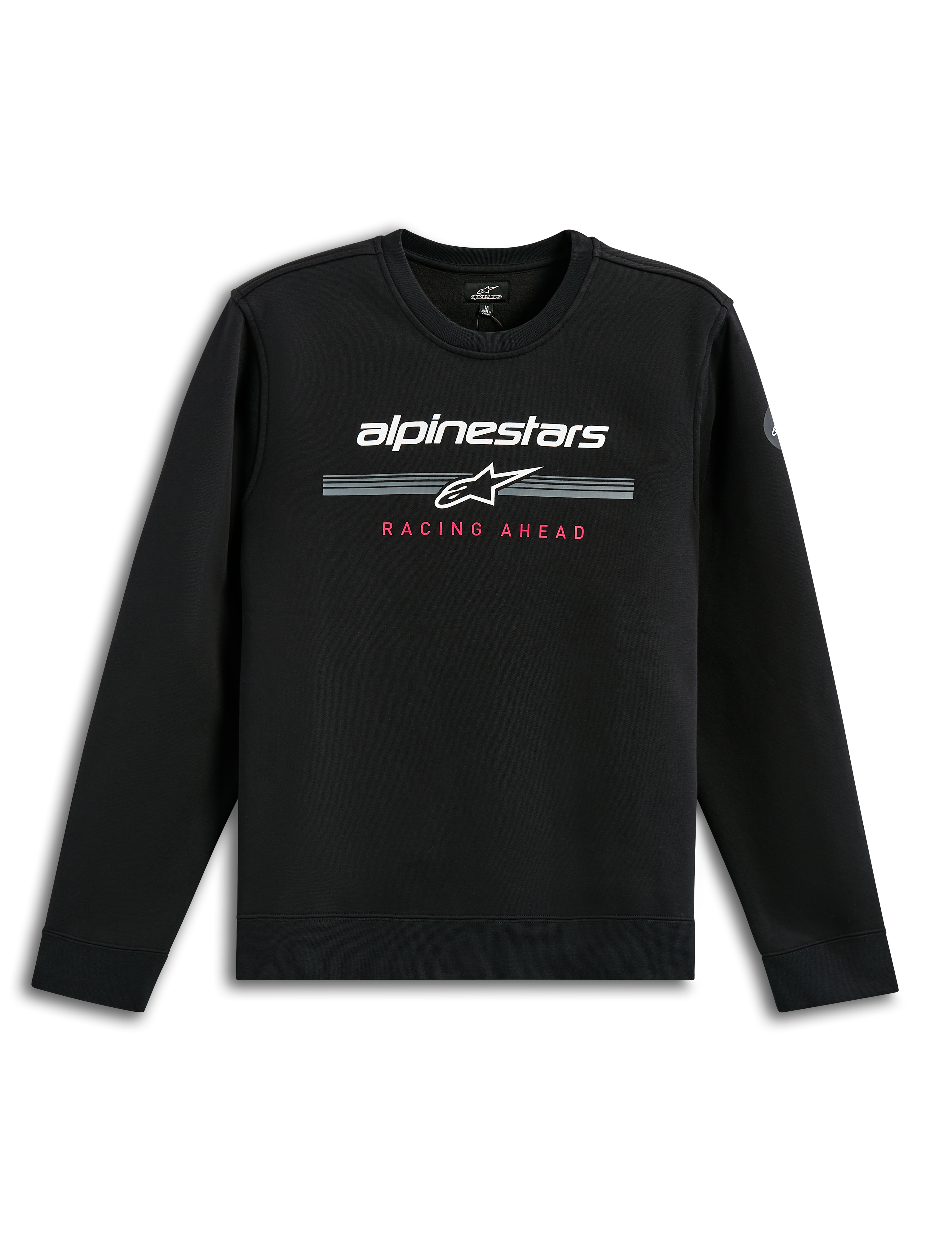 Alpinestars Bettern Crew, sweatshirt à col rond noir, logo Alpinestars blanc avec des bandes de course grises, texte 'Racing Ahead' rouge, style streetwear motorsport décontracté