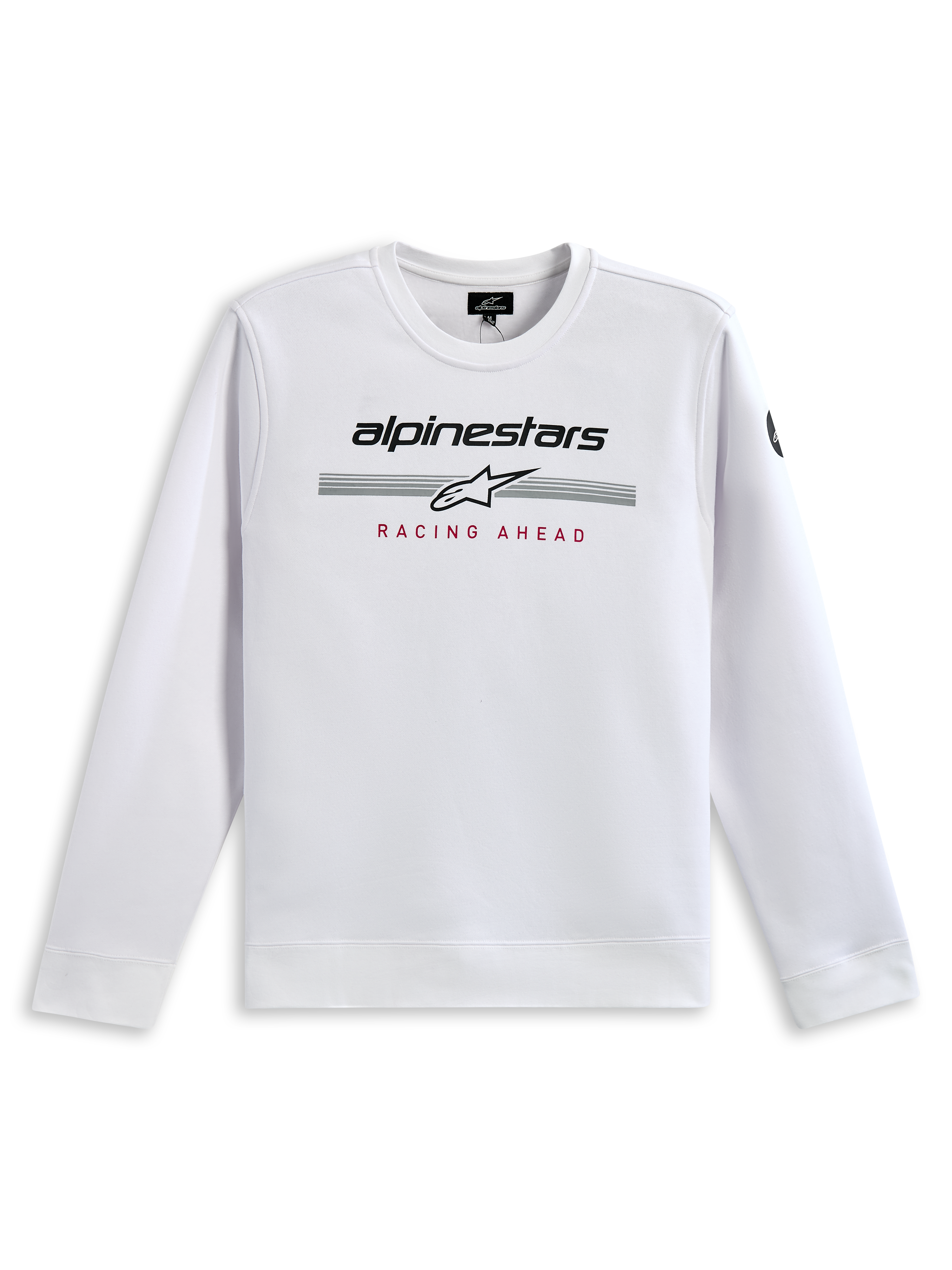 Sweatshirt Alpinestars Bettern Crew, blanc, avec marquage Alpinestars noir, bandes de course grises et logo étoile blanc, imprimé 'RACING AHEAD' rouge, streetwear décontracté inspiré du sport automobile