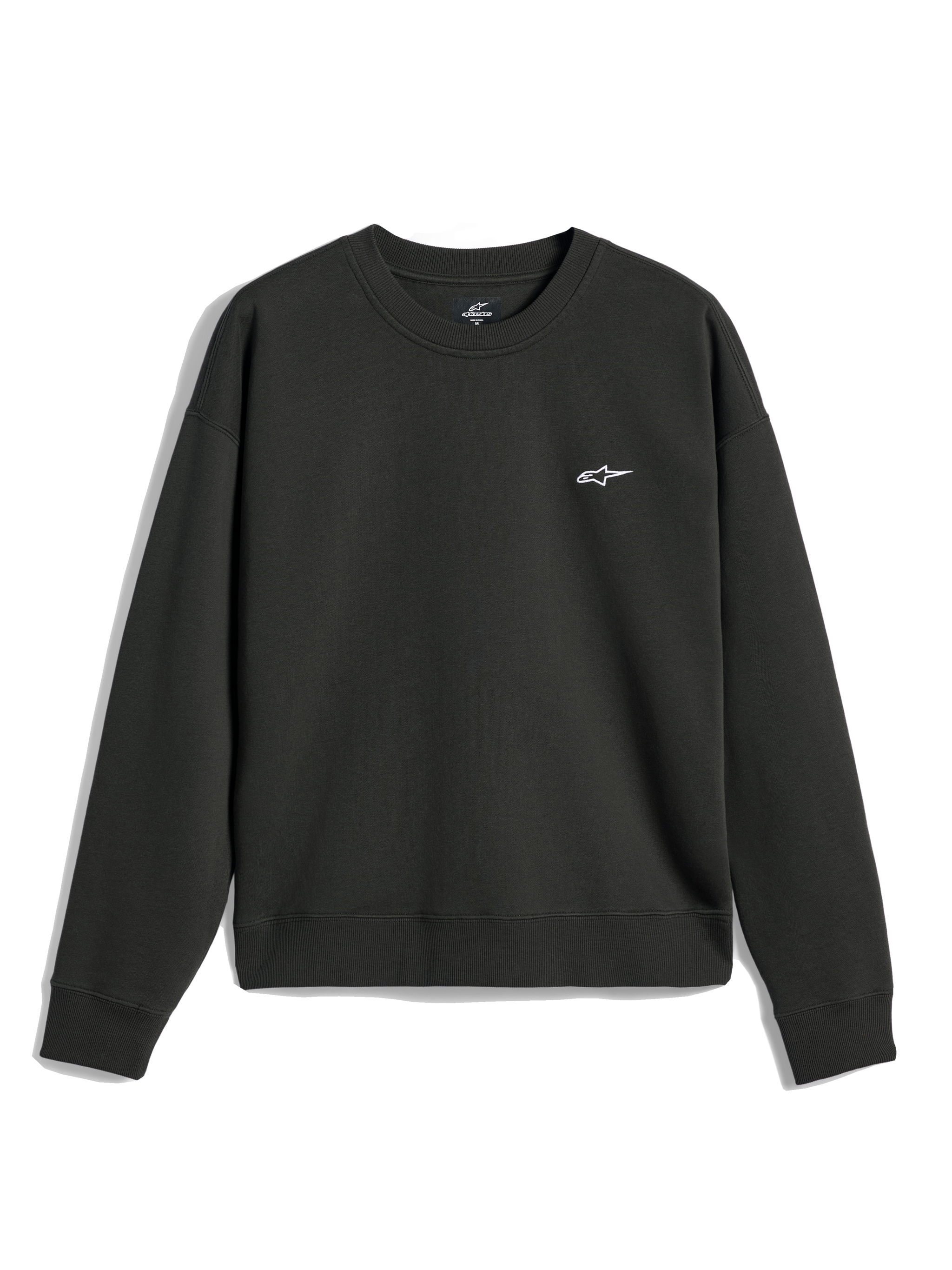 Alpinestars Essentials Ageless Crew, Rundhals-Sweatshirt, Off-Black, kleines weißes A-Star-Logo auf der Brust, gerippter Kragen, Bündchen und Saum, lässige Premium-Fleece-Streetwear