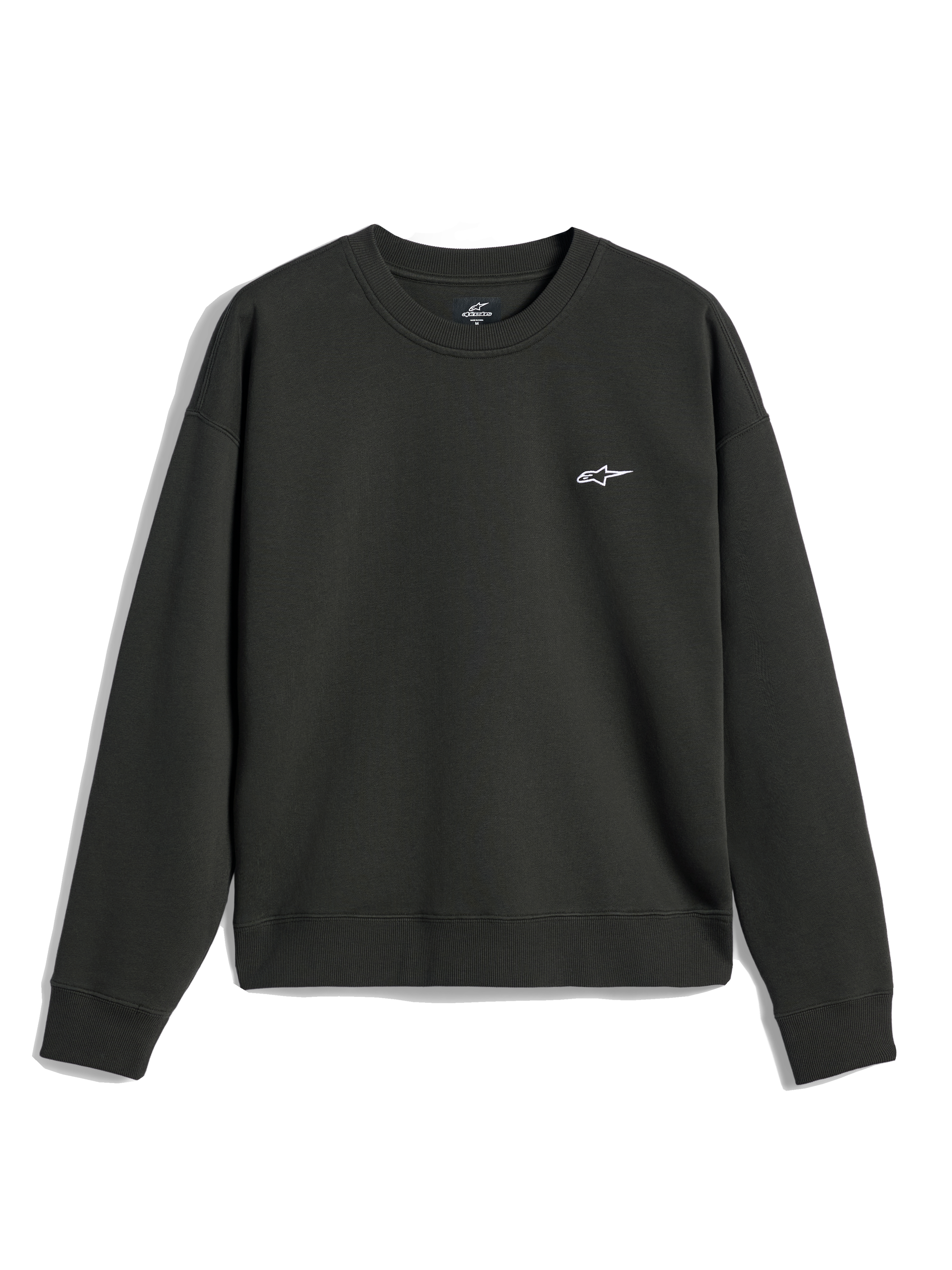 Alpinestars Essentials Ageless Crew, Rundhals-Sweatshirt, Off-Black, kleines weißes A-Star-Logo auf der Brust, gerippter Kragen, Bündchen und Saum, lässige Premium-Fleece-Streetwear