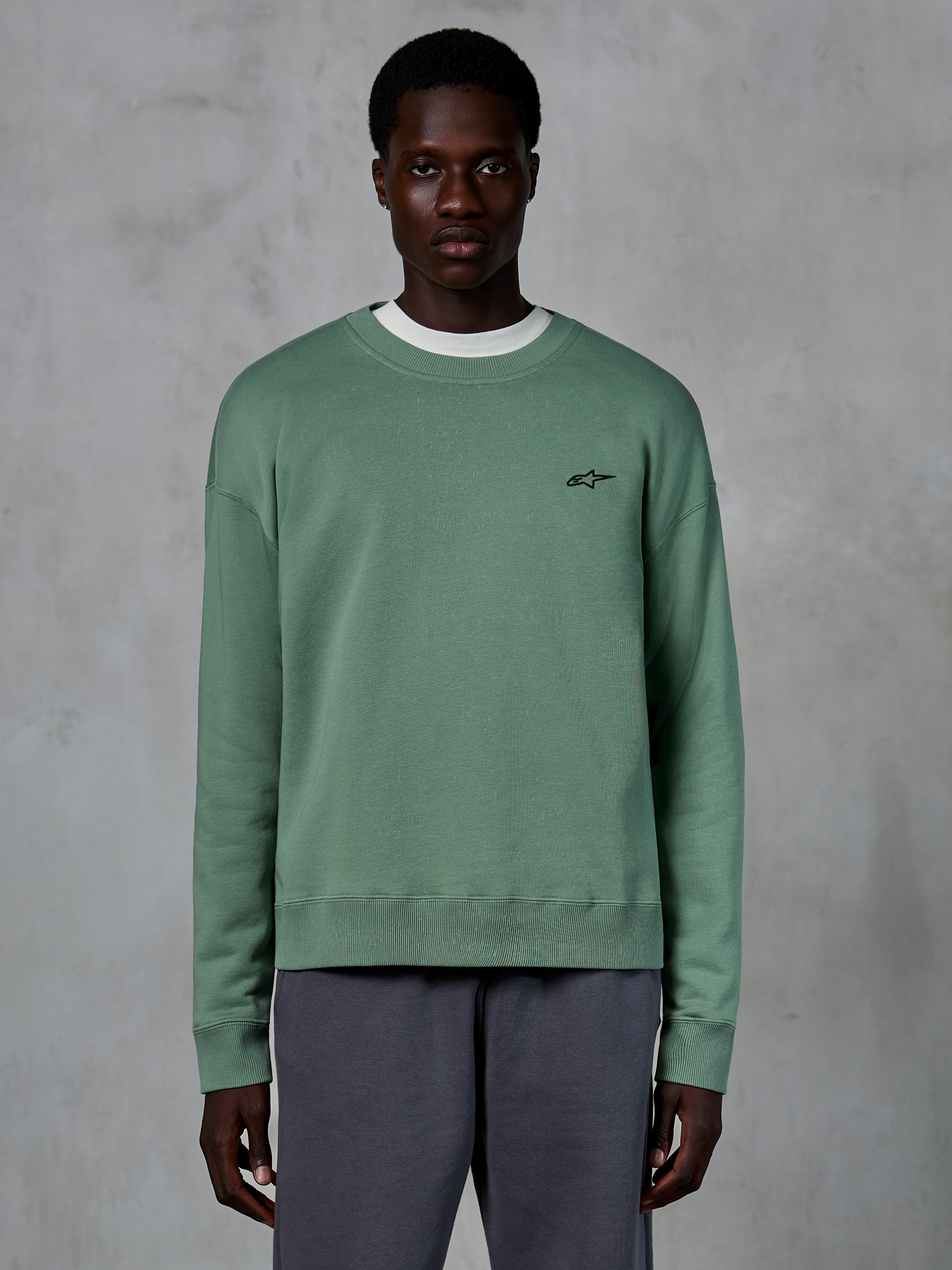 Alpinestars Essentials Ageless Crew, casual sweatshirt met ronde hals, cactusgroen met een klein zwart sterlogo op de borst, geribbelde kraag, manchetten en zoom, premium compact fleece sportswear