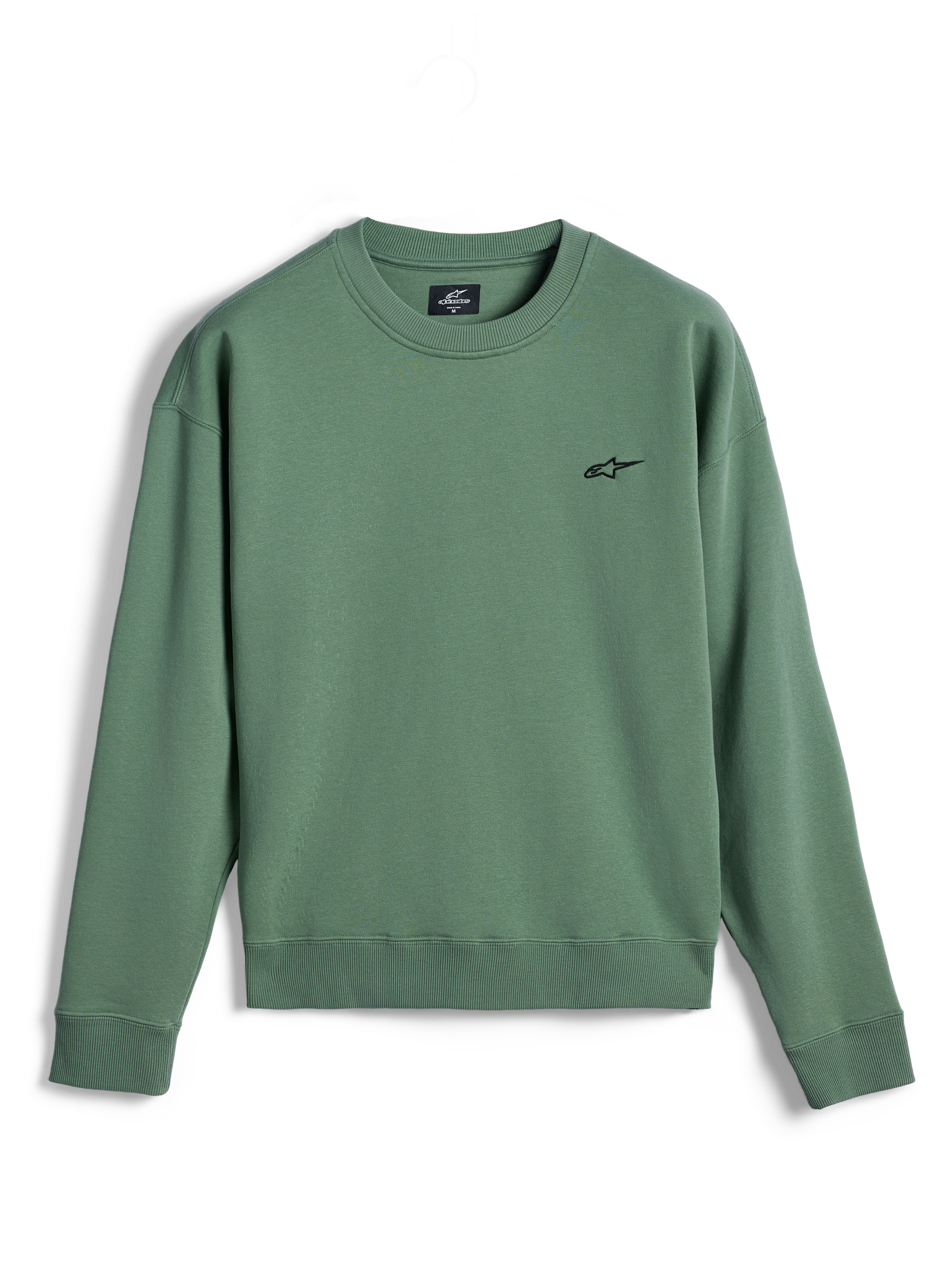 Alpinestars Essentials Ageless Crew, crewneck sweatshirt, cactusgroen, klein zwart Astar-logo op de borst, geribbelde kraag, manchetten en zoom, premium fleece, casual off-bike sportkleding