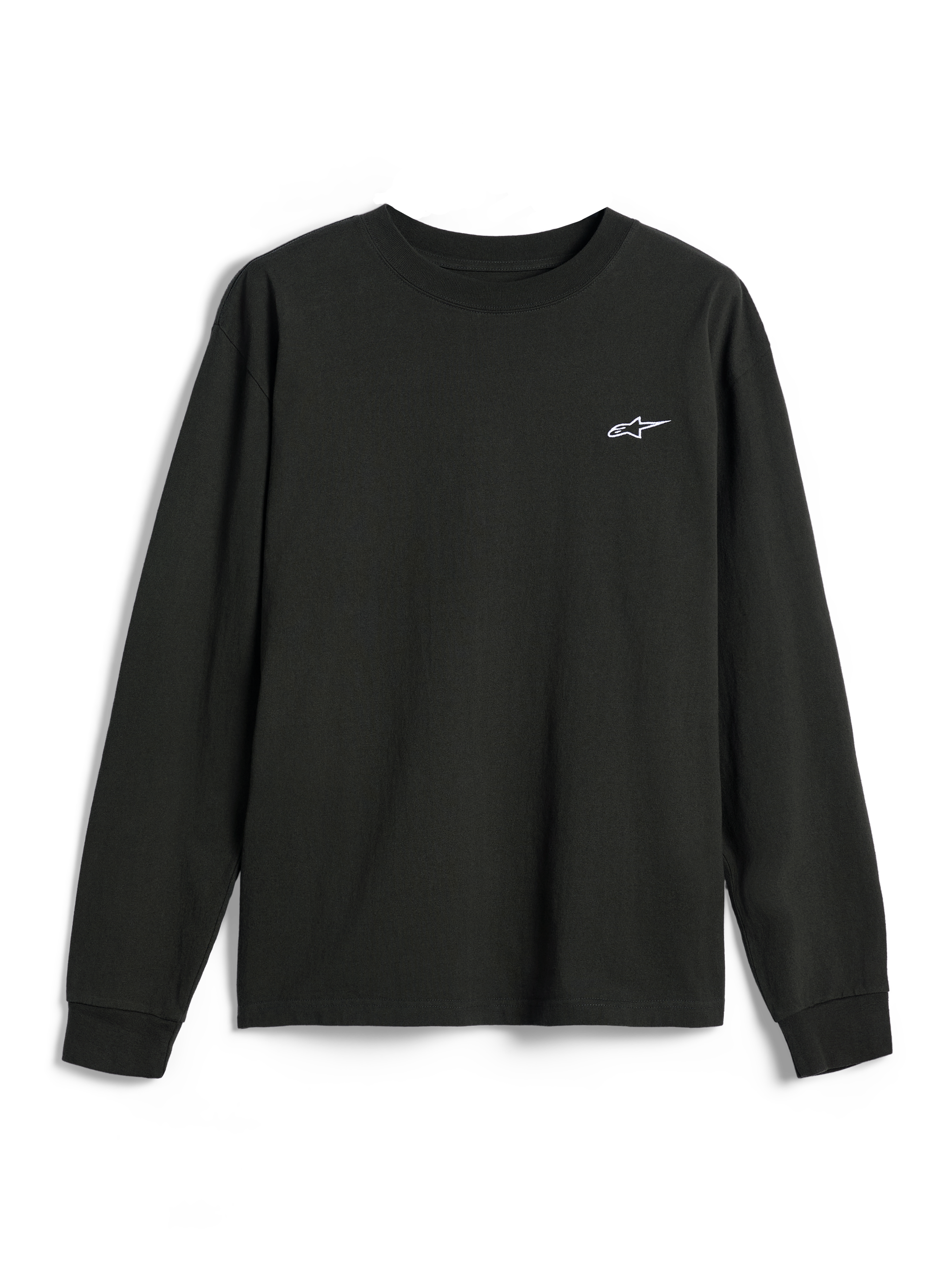 Alpinestars Essentials Ageless LS Tee, Langarmshirt, Off-Black, kleines weißes Alpinestars-Logo auf der Brust, Rundhalsausschnitt, entspannte Passform, lässige Lifestyle-Streetwear