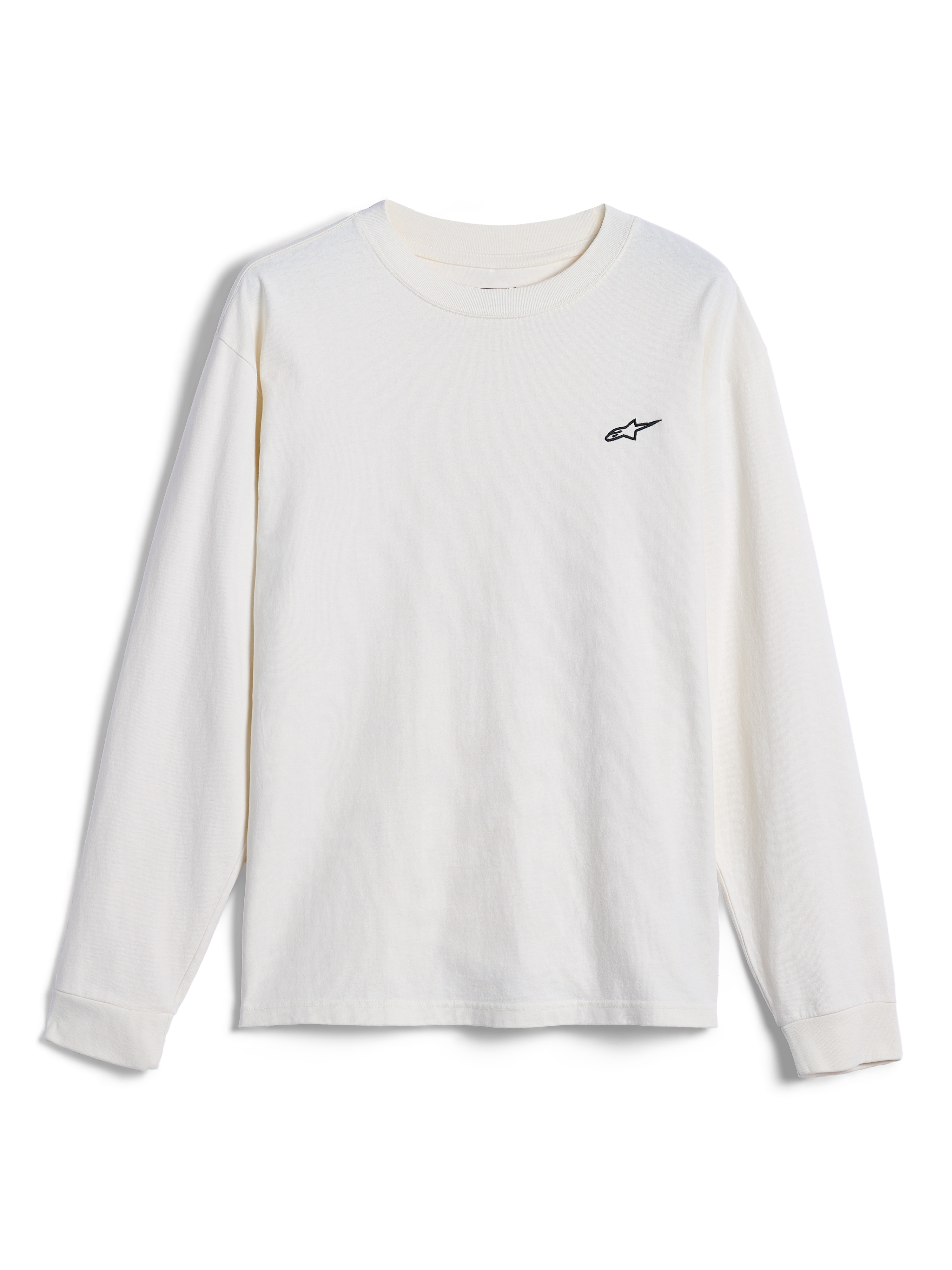 Alpinestars Essentials Ageless LS Tee, t-shirt à manches longues, blanc cassé, avec un petit logo Alpinestars noir sur la poitrine, streetwear décontracté inspiré du motorsport