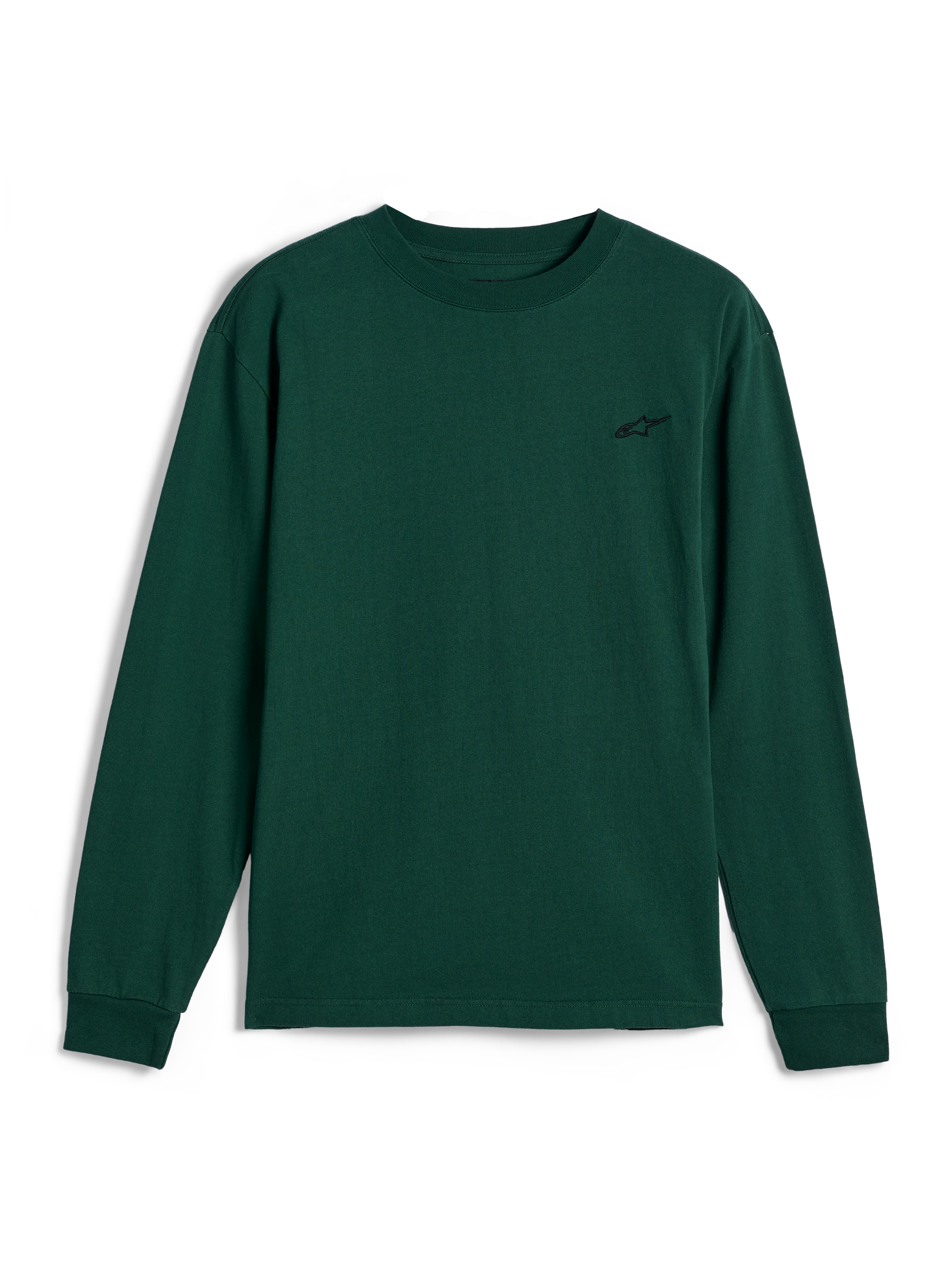 Alpinestars Essentials Ageless LS Tee, t-shirt à manches longues, vert sapin, petit logo noir brodé sur la poitrine, style streetwear motorsport décontracté
