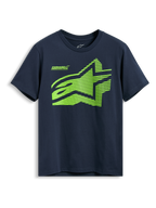 Alpinestars Fasting CSF Tee, t-shirt à manches courtes, bleu marine, logo Astars géométrique vert citron avec texte Forward Innovation, sportswear décontracté
