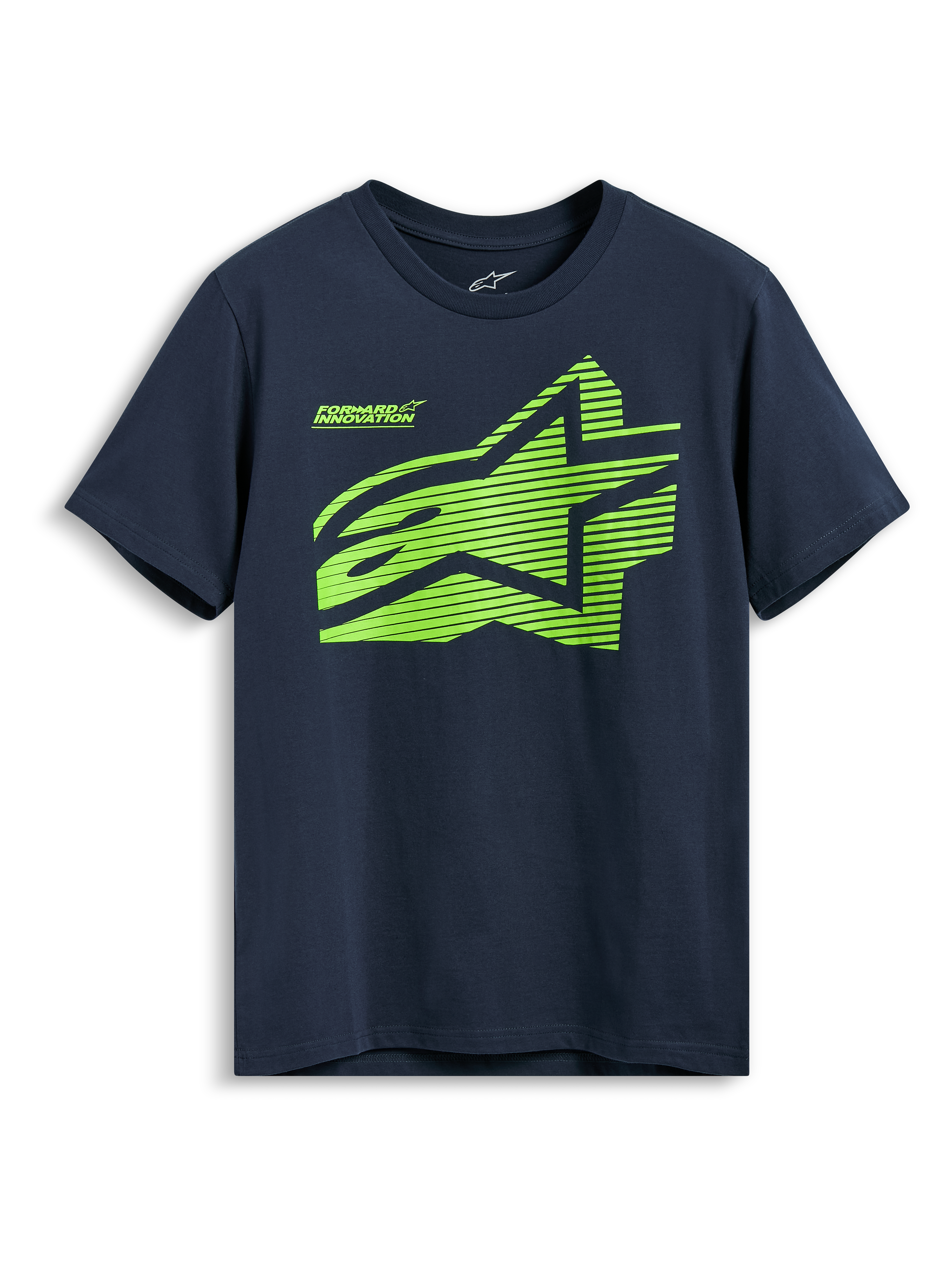 Alpinestars Fasting CSF Tee, t-shirt à manches courtes, bleu marine, logo Astars géométrique vert citron avec texte Forward Innovation, sportswear décontracté