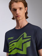 T-shirt Alpinestars Fasting CSF, t-shirt à manches courtes, bleu marine, graphique d'étoile géométrique vert citron avec texte Forward Innovation, streetwear décontracté de sport automobile