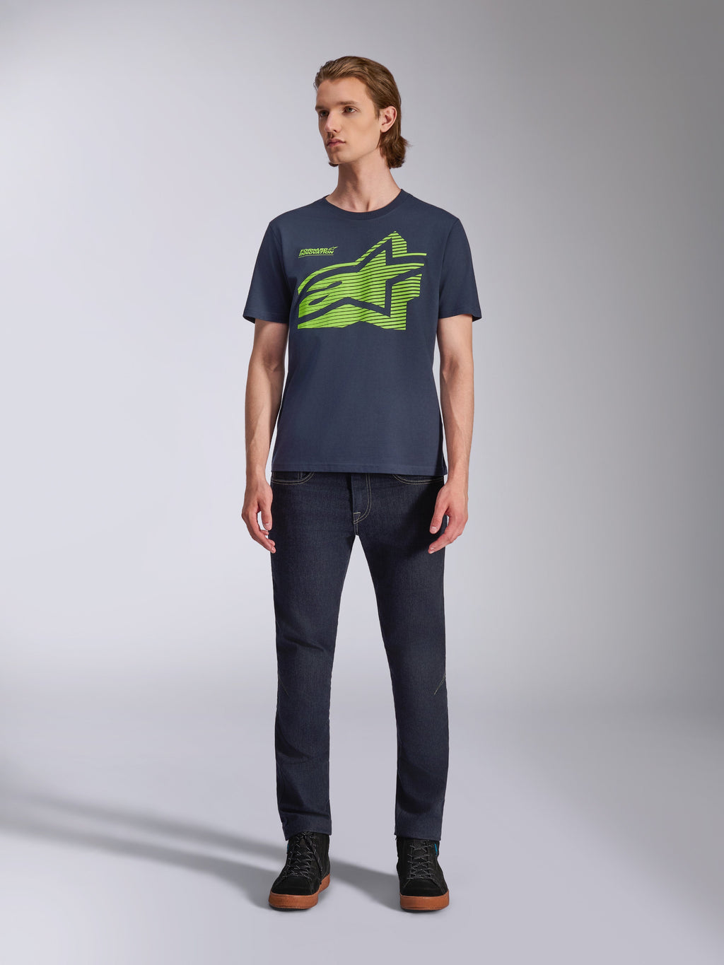 T-shirt Alpinestars Fasting CSF, t-shirt à manches courtes, bleu marine avec logo Astars géométrique vert citron, streetwear décontracté inspiré du sport automobile