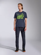 T-shirt Alpinestars Fasting CSF, t-shirt à manches courtes, bleu marine avec logo Astars géométrique vert citron, streetwear décontracté inspiré du sport automobile