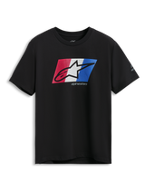 Alpinestars Global CSF T-Shirt, Kurzarm-T-Shirt, Schwarz, Ageless Schattenlogo-Grafik in Rot, Weiß und Blau, lässige Motorsport-Sportbekleidung