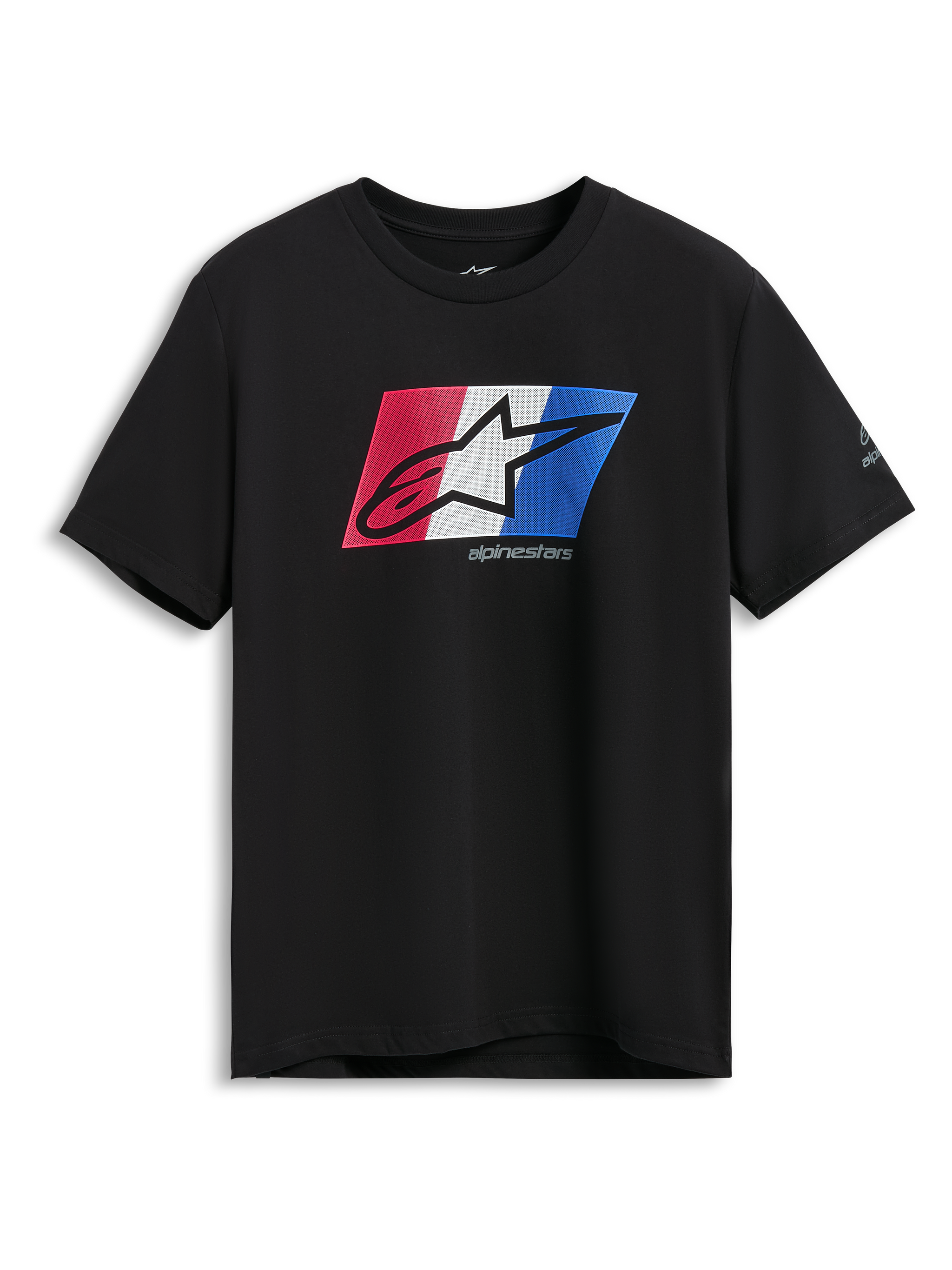 Alpinestars Global CSF T-Shirt, Kurzarm-T-Shirt, Schwarz, Ageless Schattenlogo-Grafik in Rot, Weiß und Blau, lässige Motorsport-Sportbekleidung