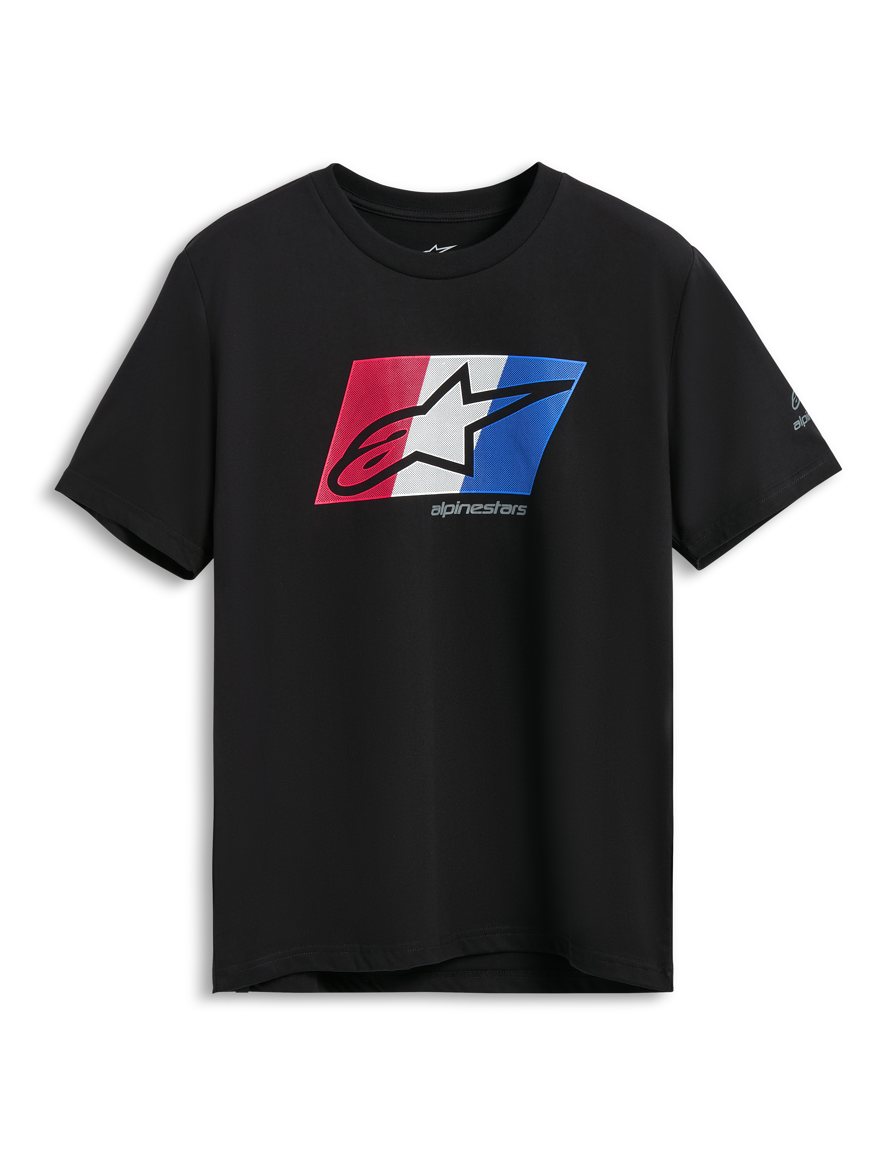 Alpinestars Global CSF Tee, T-shirt met korte mouwen, zwart, rood-wit-blauwe Ageless shadow logo graphic, casual motorsport sportkleding