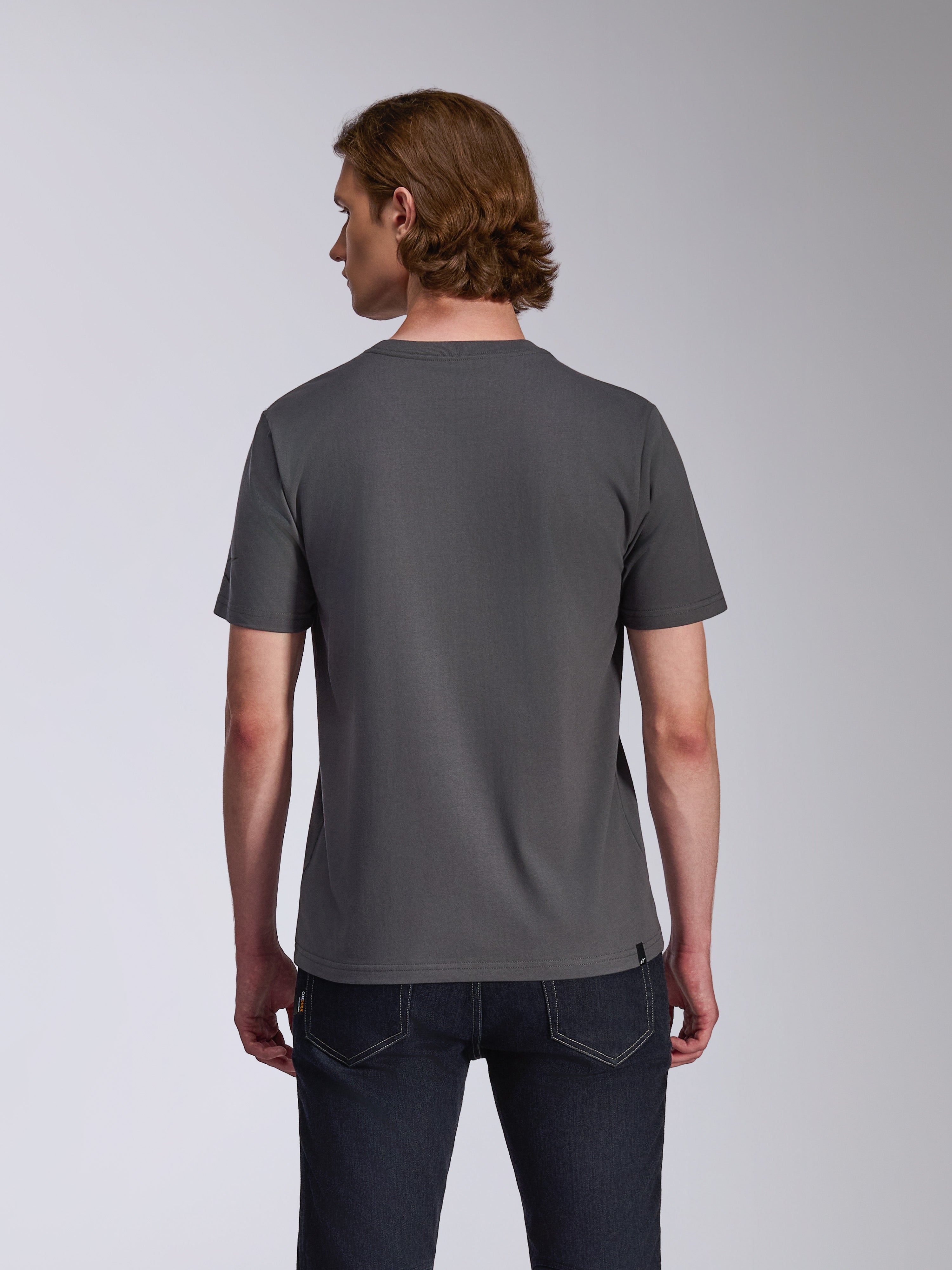 Alpinestars Waving CSF Tee, T-shirt met korte mouwen, antracietgrijs, achteraanzicht, gedragen door model met donkere jeans, casual motorsport lifestyle kleding