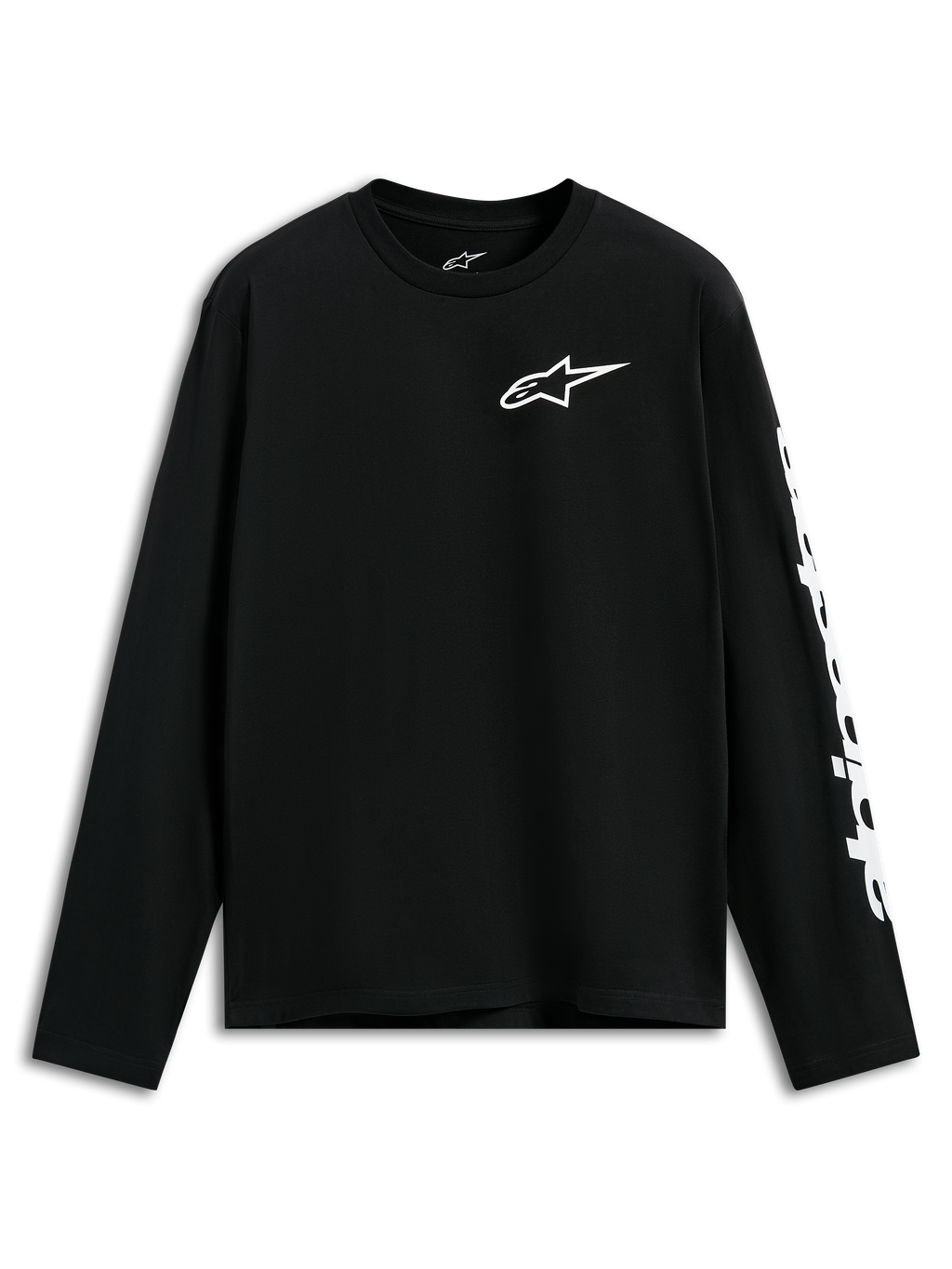 Alpinestars Trackside CSF Tee, shirt met lange mouwen, zwart, wit Alpinestars-logo op de borst en graphic op de mouw, casual motorsport-geïnspireerde streetwear