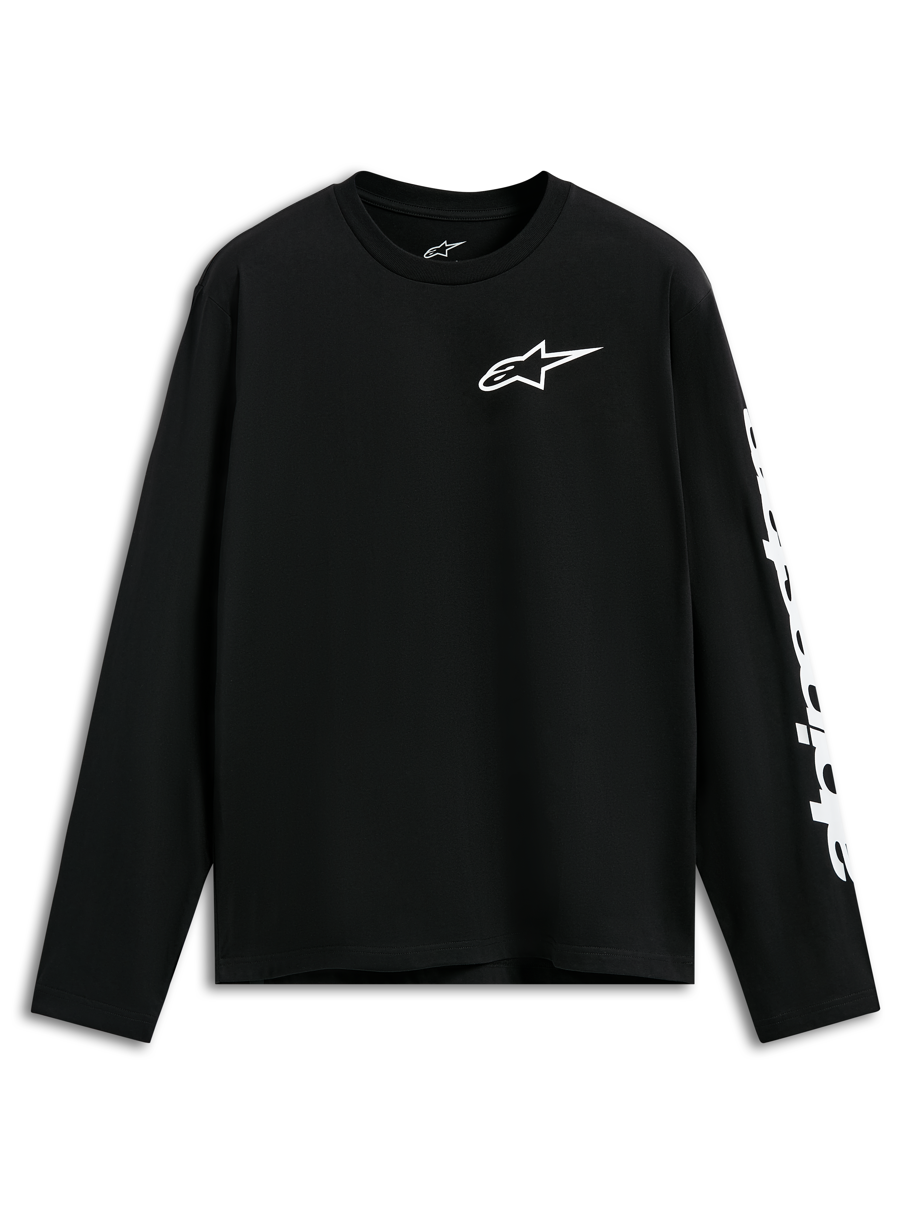 Alpinestars Trackside CSF Tee, shirt met lange mouwen, zwart, wit Alpinestars-logo op de borst en graphic op de mouw, casual motorsport-geïnspireerde streetwear