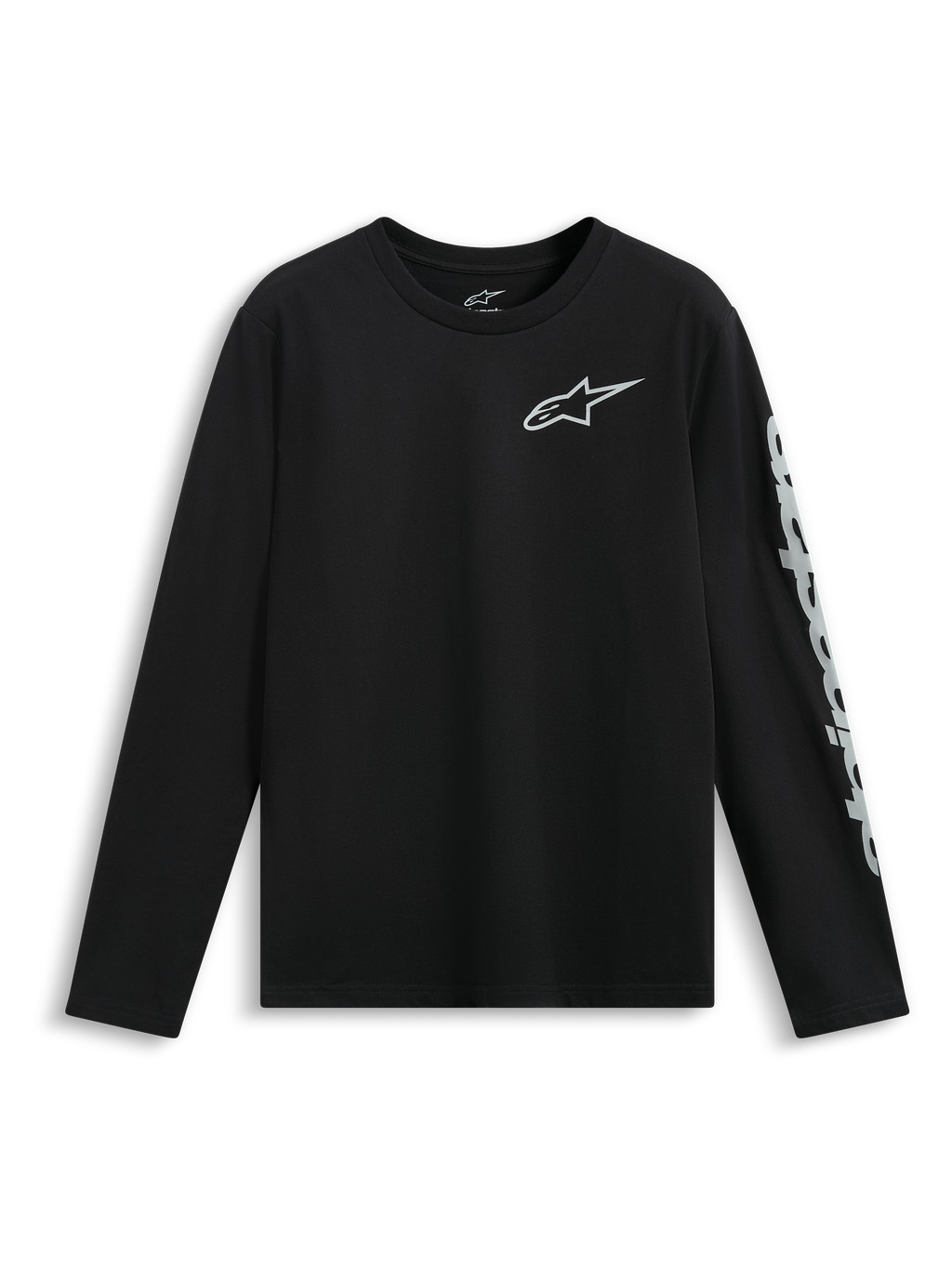 Alpinestars Trackside CSF Tee, T-shirt met lange mouwen, zwart, wit Alpinestars-logo op de borst en grote merknaam op de mouw, casual motorsport sportkleding