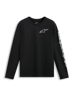 Alpinestars Trackside CSF Tee, T-shirt met lange mouwen, zwart, wit Alpinestars-logo op de borst en grote merknaam op de mouw, casual motorsport sportkleding