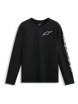 Alpinestars Trackside CSF Tee, T-shirt met lange mouwen, zwart, wit Alpinestars-logo op de borst en grote merknaam op de mouw, casual motorsport sportkleding