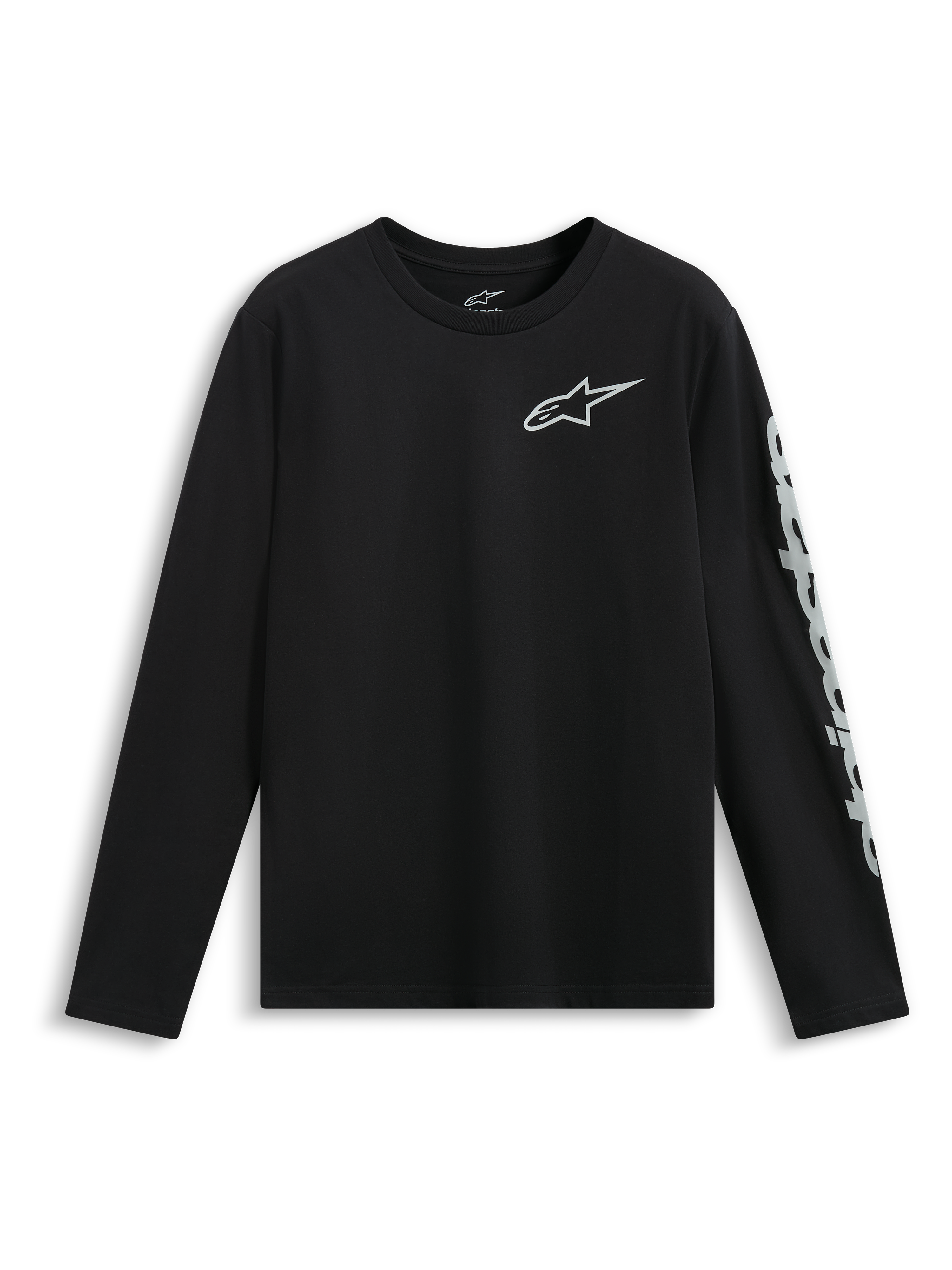 Alpinestars Trackside CSF Tee, T-shirt met lange mouwen, zwart, wit Alpinestars-logo op de borst en grote merknaam op de mouw, casual motorsport sportkleding