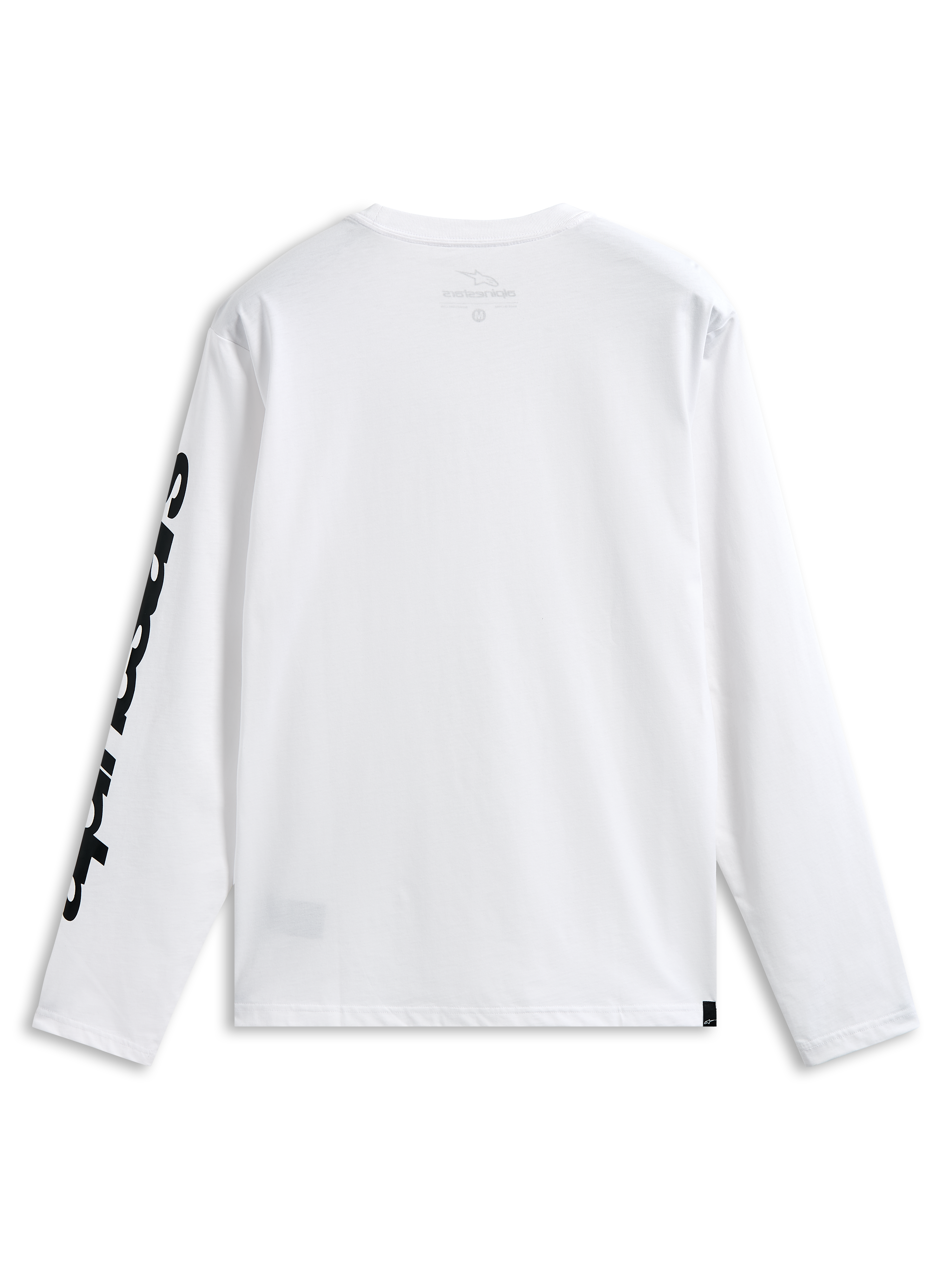 Alpinestars Trackside CSF Tee, T-shirt met lange mouwen, wit en zwart, achteraanzicht met opvallende zwarte graphic op de mouw, casual op motorsport geïnspireerde streetwear