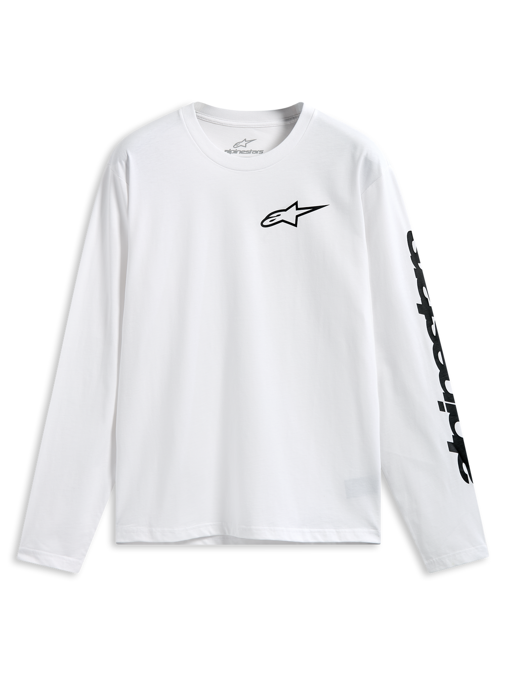 Alpinestars Trackside CSF Tee, T-shirt met lange mouwen, wit, zwart Alpinestars-logo op de borst en woordmerk op de mouw, casual motorsport sportswear