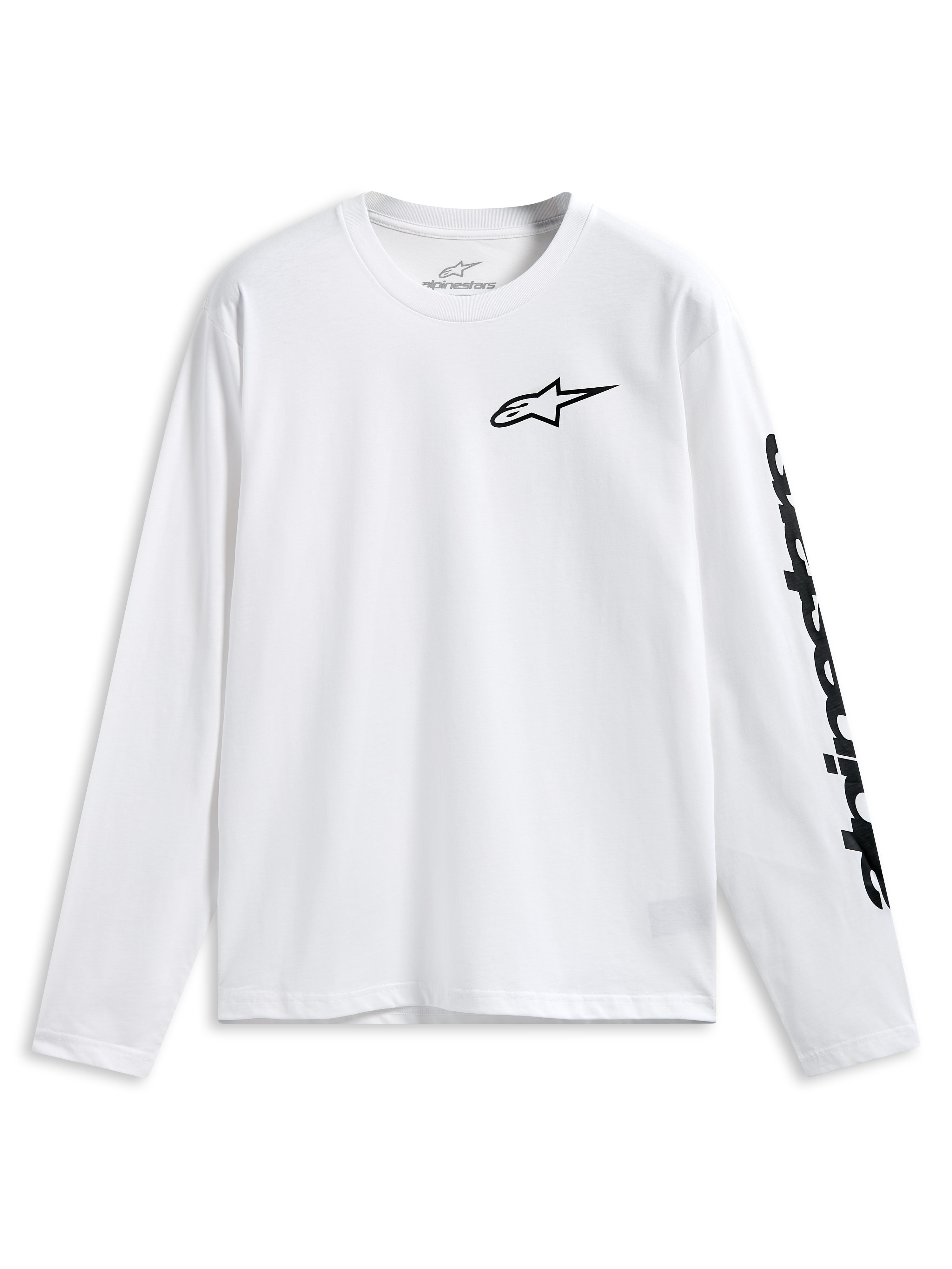 Alpinestars Trackside CSF Tee, T-shirt met lange mouwen, wit, zwart Alpinestars-logo op de borst en woordmerk op de mouw, casual motorsport sportswear