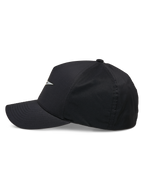 Alpinestars Ageless Reflex Waterproof Hat, Black, side profile view of a curved bill cap with a structured crown, featuring a reflective Astars logo and waterproof technical fabric, casual performance headwear