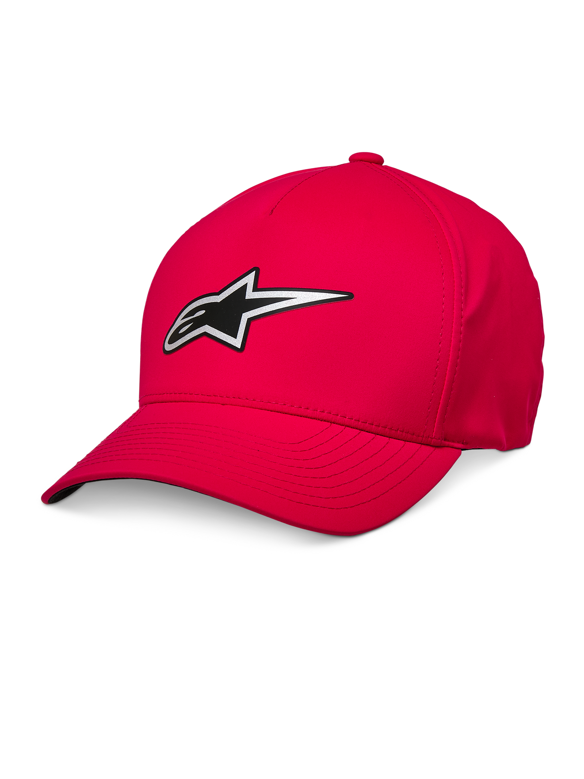 Alpinestars Ageless Reflex Waterproof Pet, rode baseballcap, gebogen klep, zilver en zwart reflecterend Astars-logo, waterdichte technische stof, casual sportieve hoofdbedekking