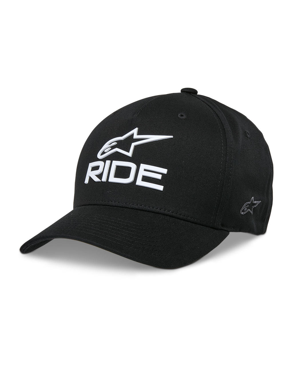 Alpinestars Ride Sonic pet, zwarte baseballcap met wit 3D-geborduurd ster-logo en RIDE-tekst, gebogen klep, gestructureerde kroon, casual motorsport-hoofddeksel