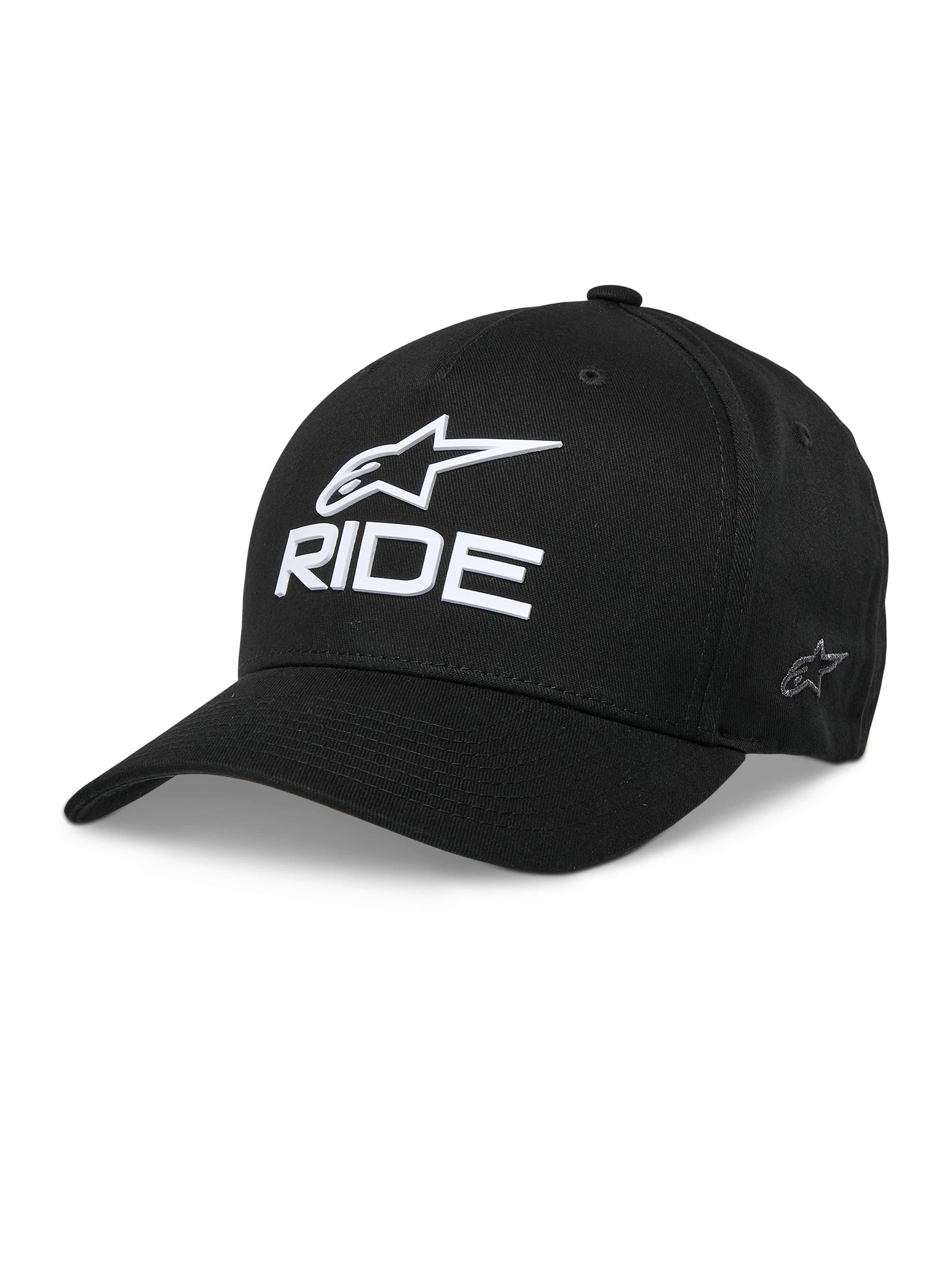 Alpinestars Ride Sonic pet, zwarte baseballcap met wit 3D-geborduurd ster-logo en RIDE-tekst, gebogen klep, gestructureerde kroon, casual motorsport-hoofddeksel