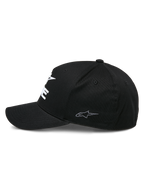 Alpinestars Ride Sonic pet, gestructureerde baseballcap, zwart, zijprofiel met een gebogen klep en klein grijs geborduurd sterlogo op het zijpaneel, stretch keperstof, casual motorsport pet