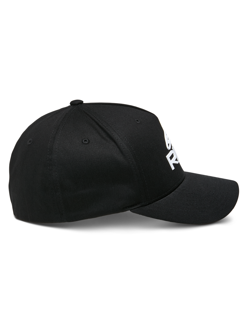Alpinestars Ride Sonic pet, zijaanzicht, zwart met wit 3D geborduurd logo, gebogen klep, gestructureerde kroon, stretch keperstof, casual motorsport hoofdbedekking