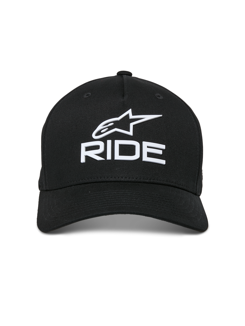 Alpinestars Ride Sonic pet, zwart, voorzien van wit 3D geborduurd logo met de Alpinestars-ster en 'RIDE'-tekst, gebogen klep, gestructureerde kroon, casual motorsport-geïnspireerde streetwear