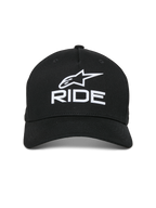 Alpinestars Ride Sonic pet, zwart, voorzien van wit 3D geborduurd logo met de Alpinestars-ster en 'RIDE'-tekst, gebogen klep, gestructureerde kroon, casual motorsport-geïnspireerde streetwear