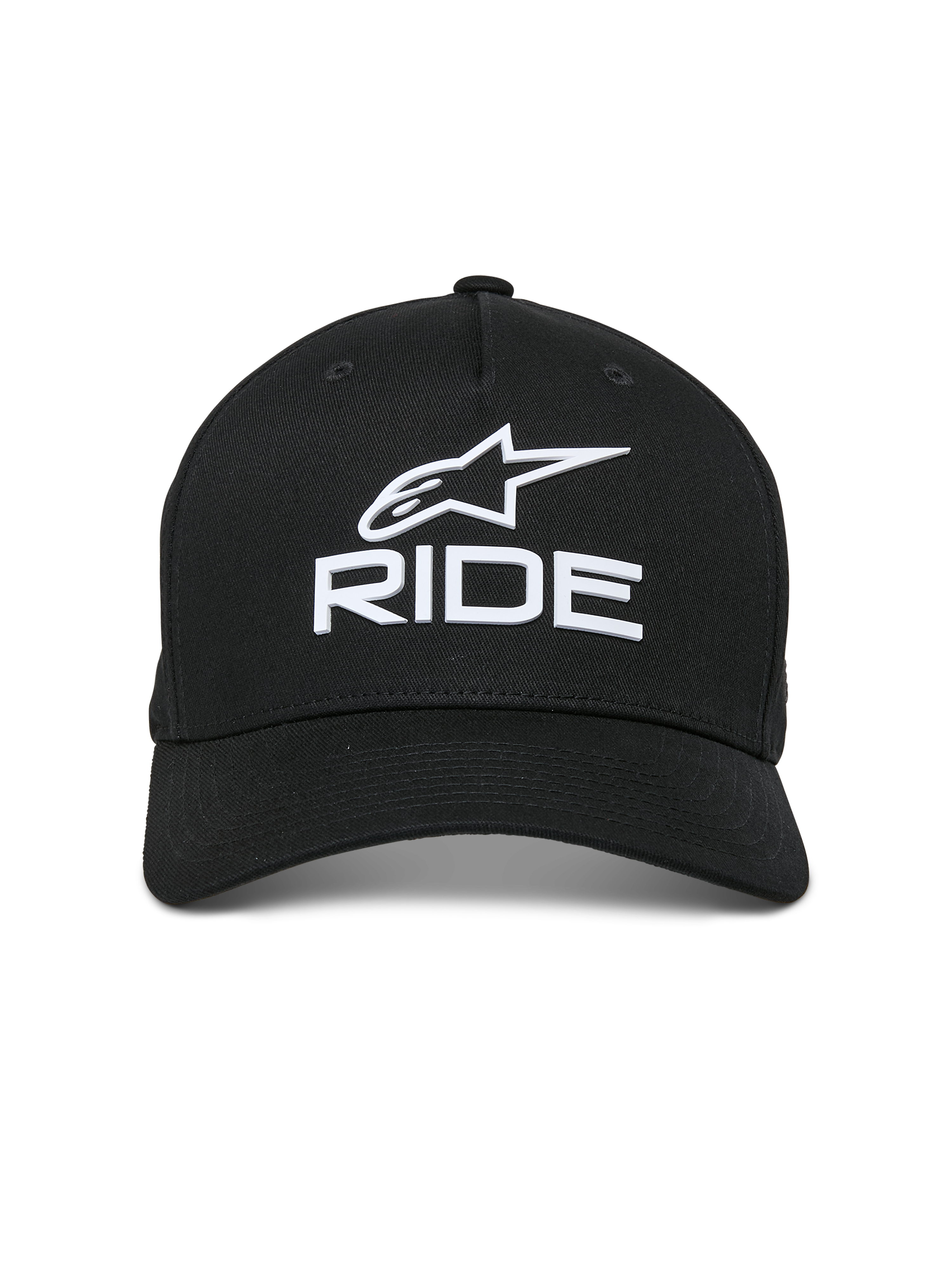 Alpinestars Ride Sonic pet, zwart, voorzien van wit 3D geborduurd logo met de Alpinestars-ster en 'RIDE'-tekst, gebogen klep, gestructureerde kroon, casual motorsport-geïnspireerde streetwear