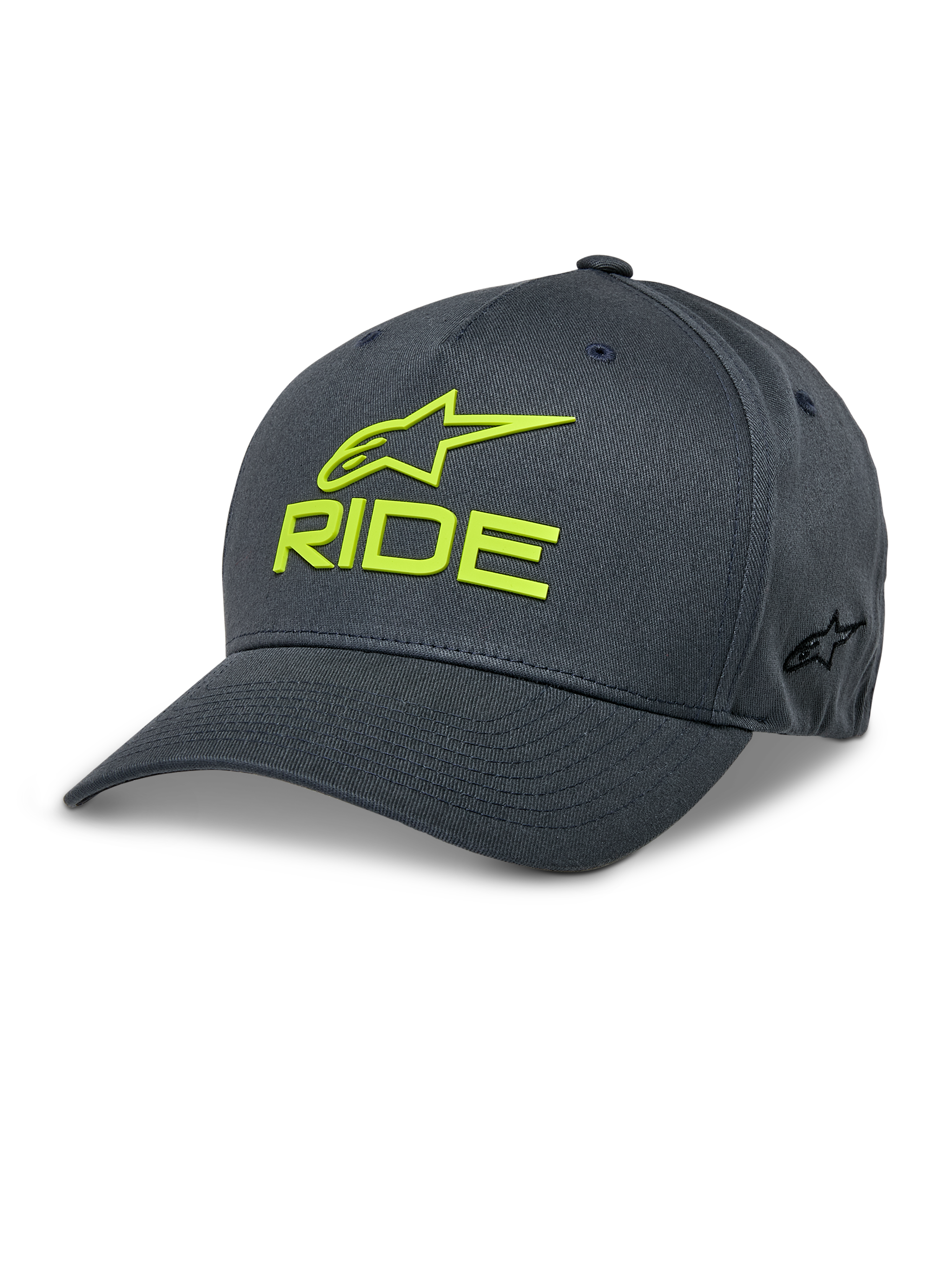 Alpinestars Ride Sonic Hat, Baseball-Cap in Dunkelgrau und Neongelb, 3D-gesticktes RIDE- und Stern-Logo, gebogener Schirm, strukturierte Krone, lässige Motorsport-Kopfbedeckung aus Stretch-Twill