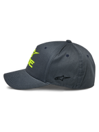 Alpinestars Ride Sonic Hat, Charcoal and Hi-Vis Yellow, side profile view showing curved bill and structured crown, 3D embroidered yellow logo on front and small black star logo on side panel, casual motorsport headwear