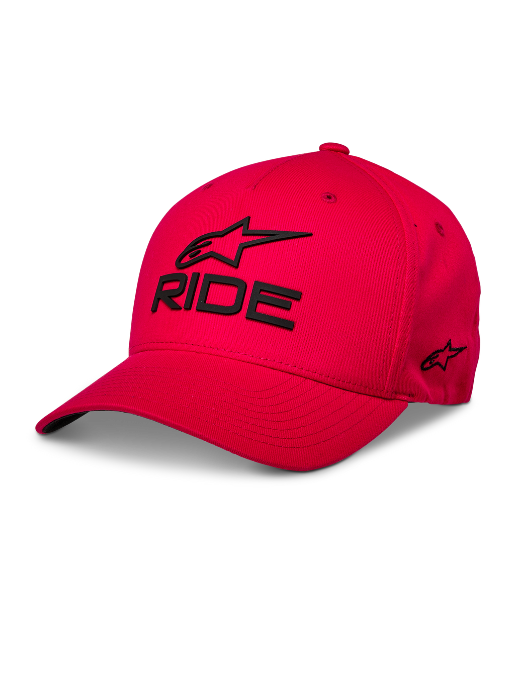 Alpinestars Ride Sonic Hat, casquette de baseball rouge, logo Alpinestars et inscription « RIDE » brodés en 3D noir, visière incurvée, couronne structurée, streetwear motorsport décontracté