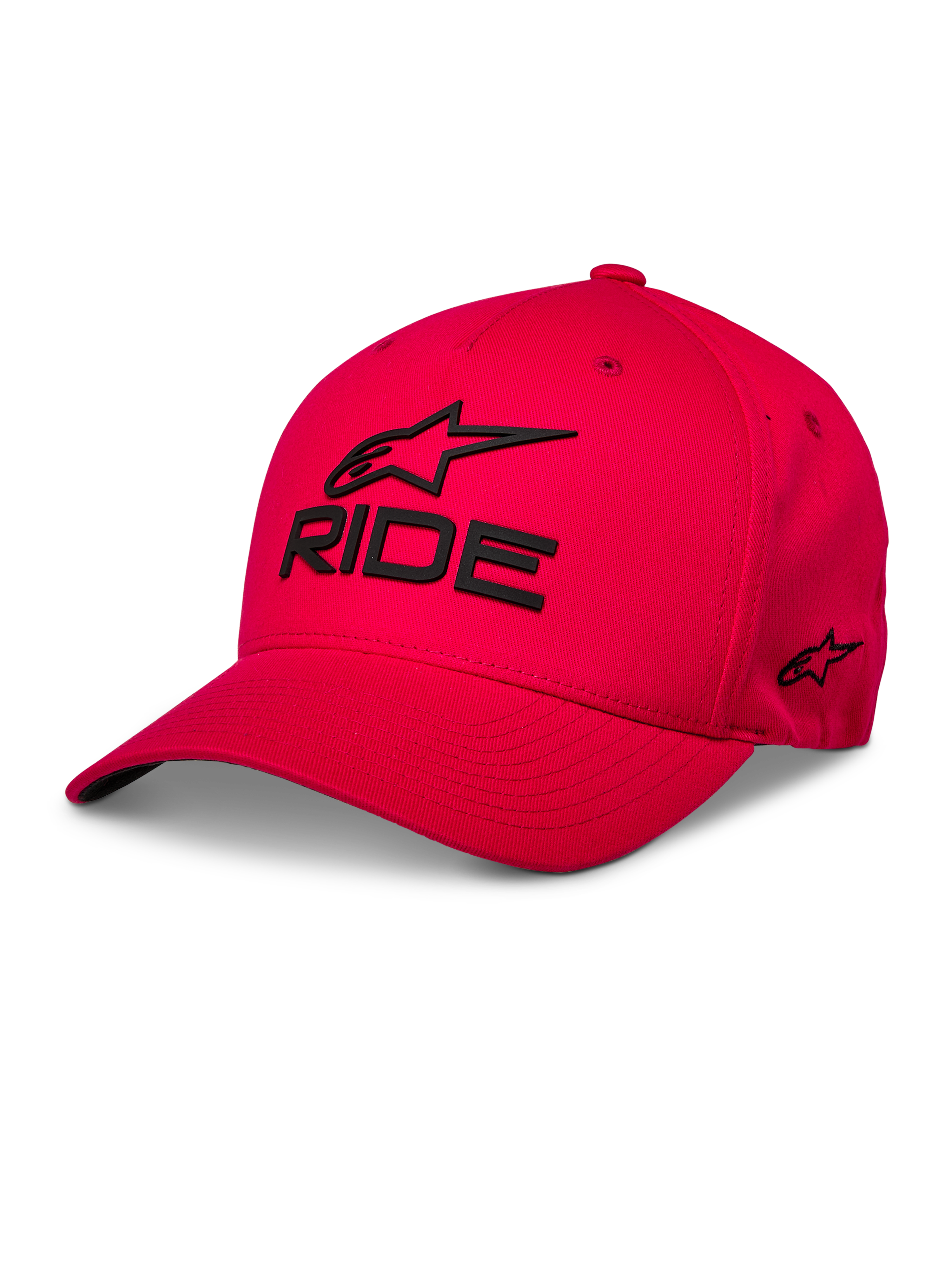 Alpinestars Ride Sonic Hat, rote Baseball-Cap, schwarze 3D-Stickerei „RIDE“ und Alpinestars-Logo, gebogener Schirm, strukturierte Krone, lässige Motorsport-Streetwear