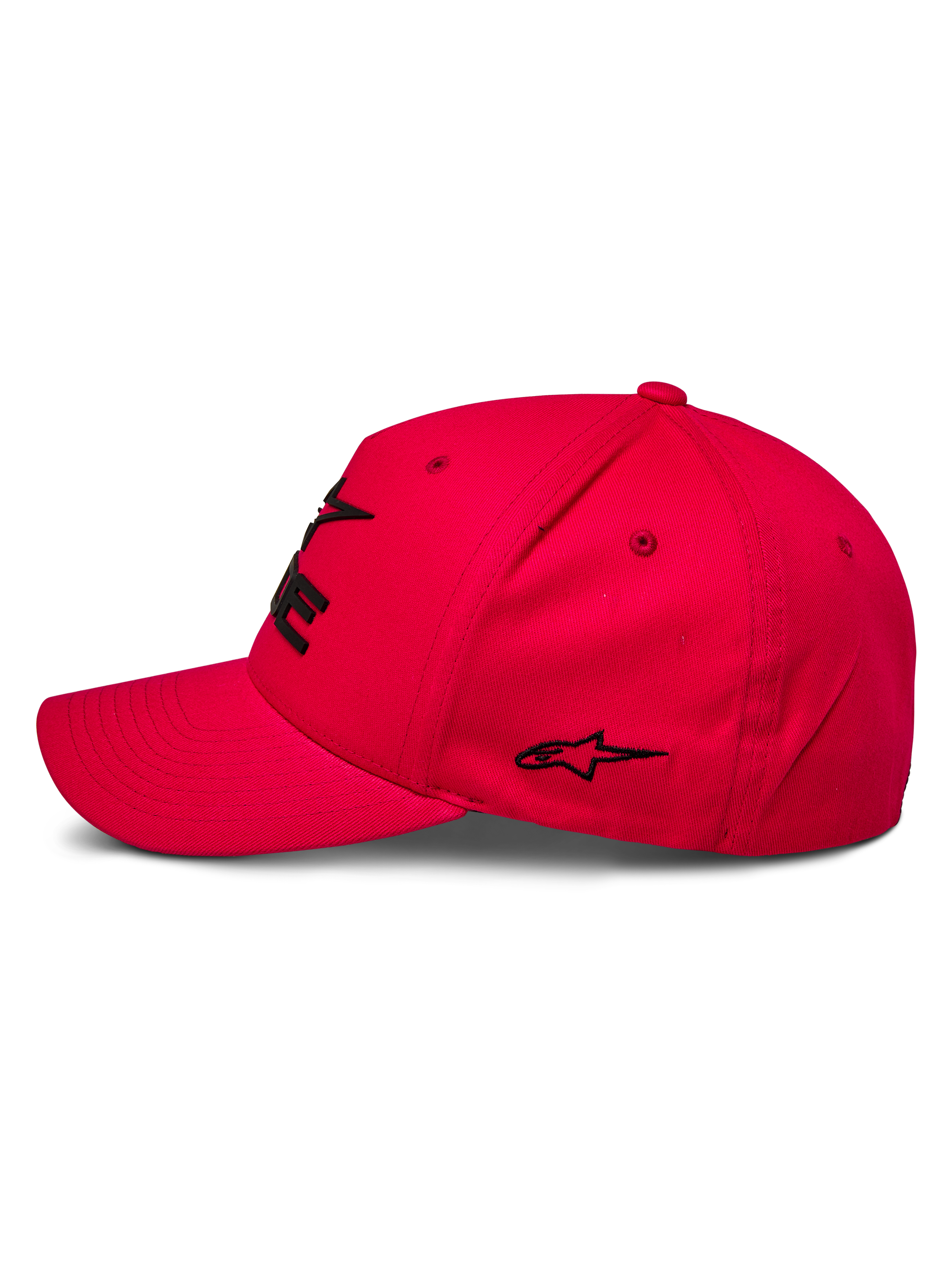Casquette Alpinestars Ride Sonic, casquette sportswear, rouge, vue de profil avec visière incurvée et couronne structurée, logo brodé en 3D noir et détail d'étoile, design décontracté inspiré du sport automobile