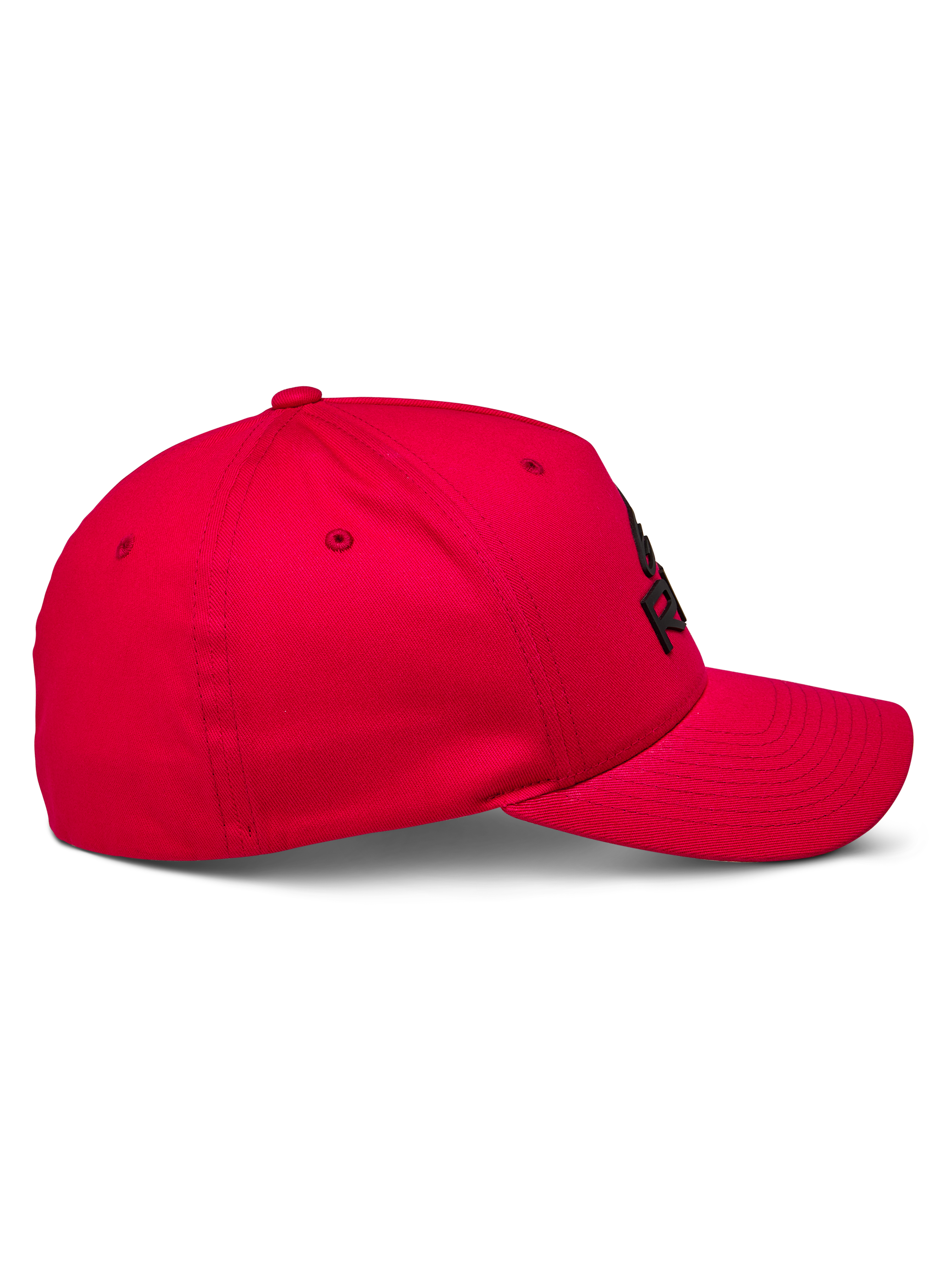 Casquette Alpinestars Ride Sonic, casquette à visière incurvée, rouge, vue de profil, couronne structurée avec logo noir brodé en 3D, accessoire de sportswear décontracté