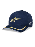 Casquette Snapback Alpinestars Ascension, casquette de baseball, bleu marine et or, logo Astars brodé en 3D, visière courbée avec rayures jaunes et blanches, couvre-chef motorsport décontracté