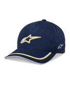 Casquette Snapback Alpinestars Ascension, casquette de baseball, bleu marine et or, logo Astars brodé en 3D, visière courbée avec rayures jaunes et blanches, couvre-chef motorsport décontracté