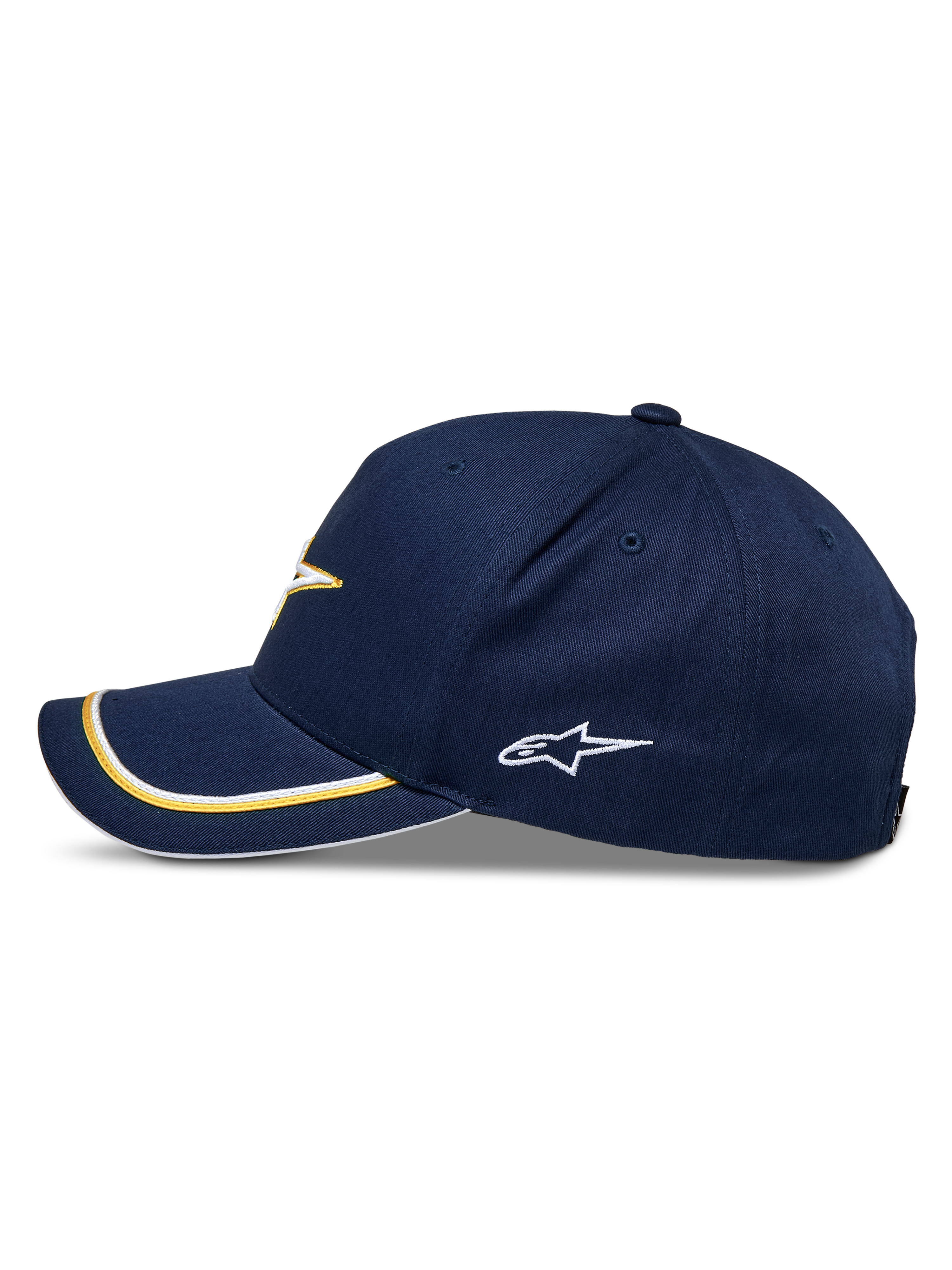 Casquette Snapback Alpinestars Ascension, bleu marine et or, vue de profil avec visière courbée et double passepoil sutache or et blanc, logo latéral brodé, style sportswear décontracté