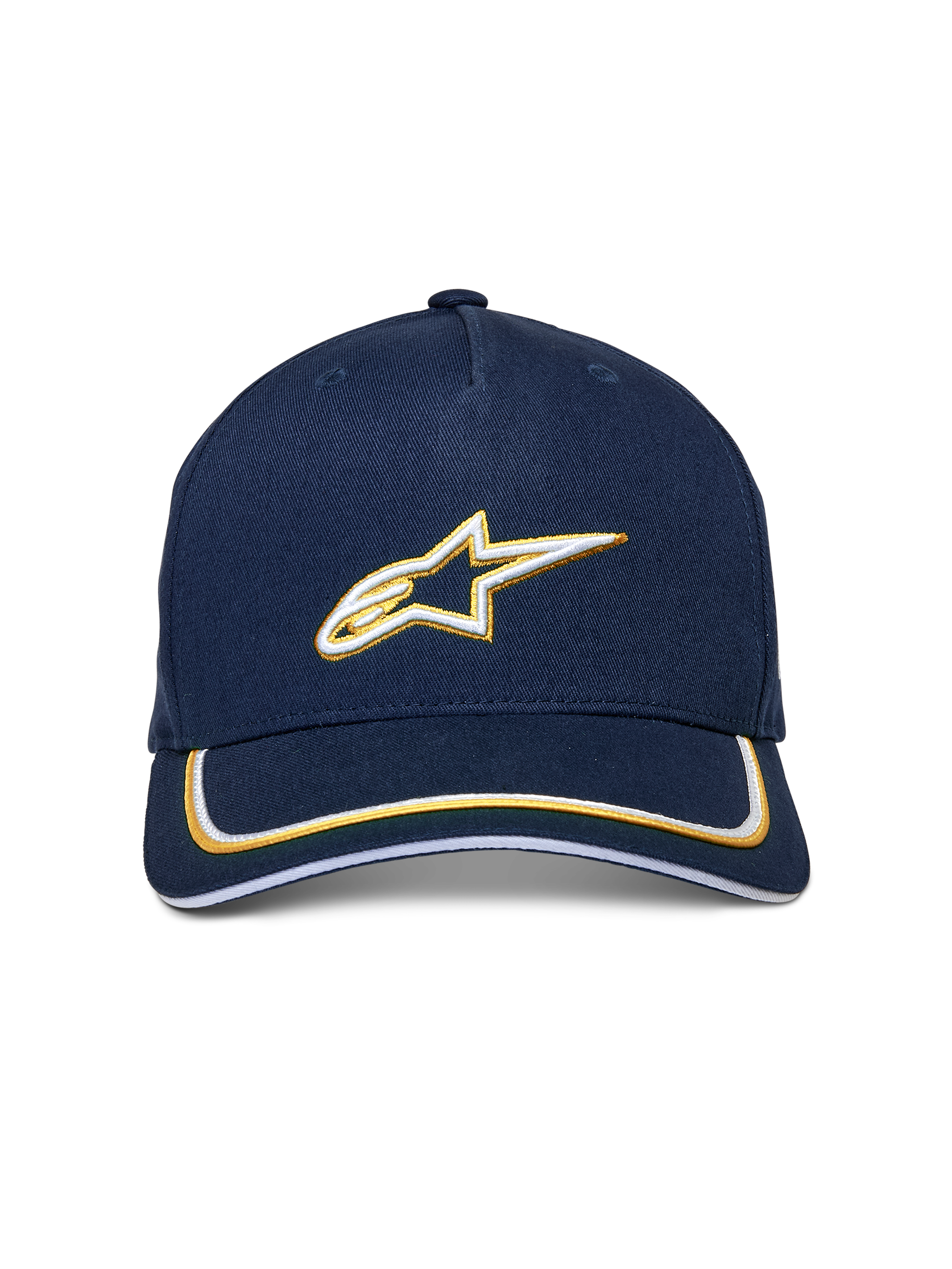 Casquette Snapback Alpinestars Ascension, bleu marine et or, logo Astars brodé en 3D blanc et or, visière courbée avec double liseré sutache, couvre-chef décontracté inspiré du sport automobile