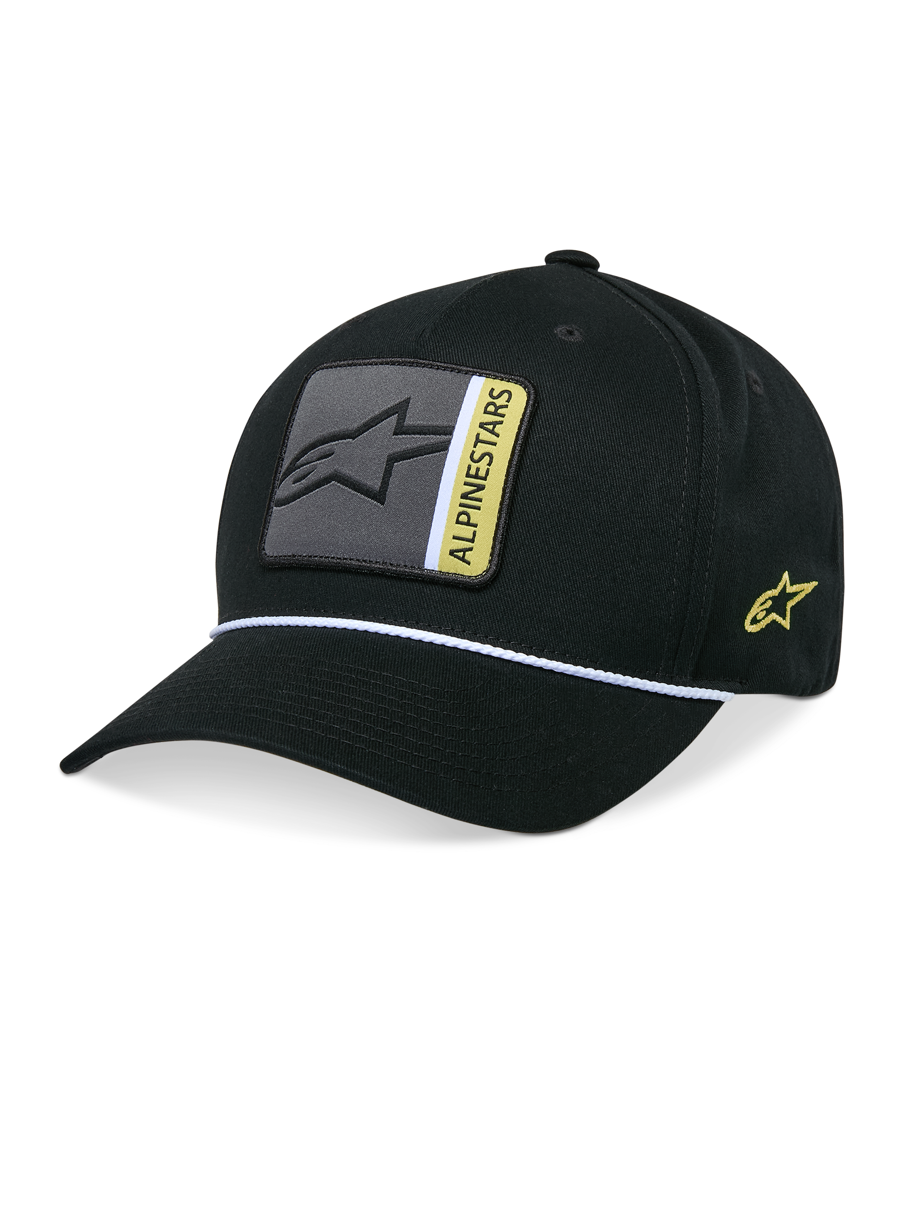 Casquette Snapback Specific Alpinestars, noire, visière courbée avec garniture en corde tressée blanche, écusson logo gris et jaune à l'avant, broderie logo jaune sur le côté, couronne structurée, couvre-chef décontracté inspiré du sport automobile