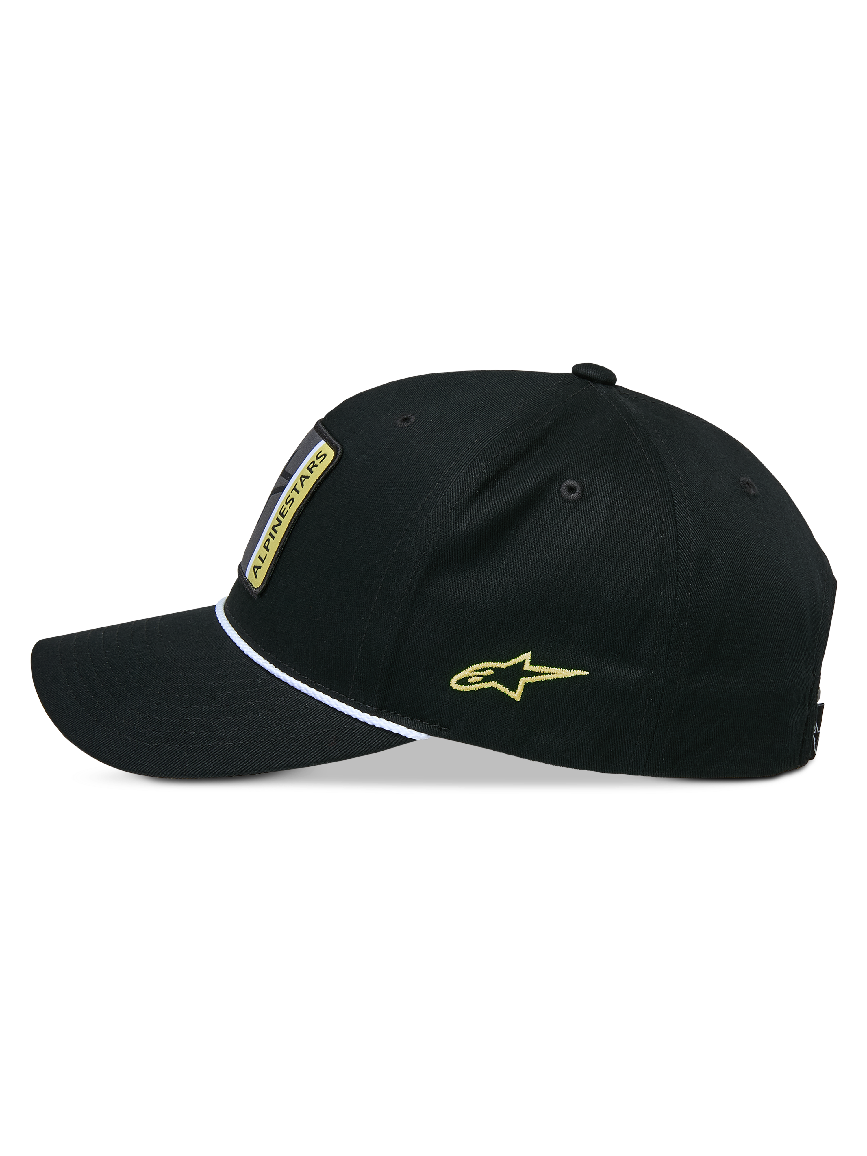 Alpinestars Specific Snapback Hat, Snapback Hat, Black, side profile view featuring curved bill with white braided rope trim, yellow Astars logo embroidery on the side, structured crown, casual headwear